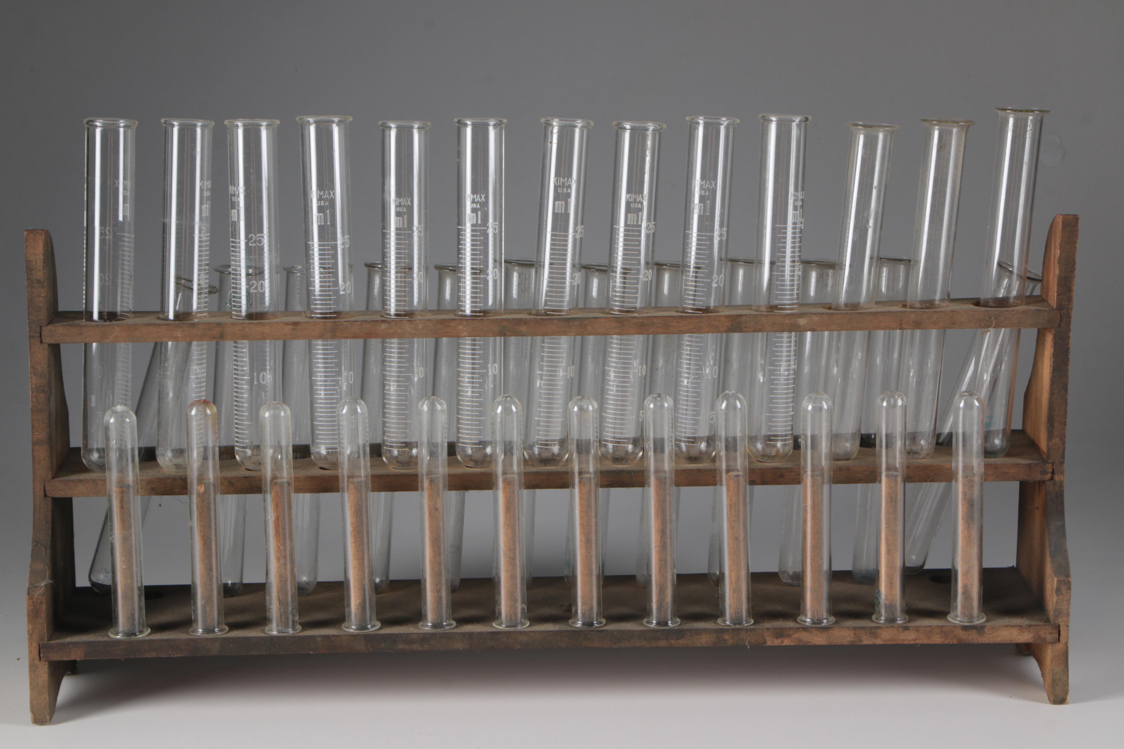 Kimax and Pyrex Test Tubes with Wooden Racks