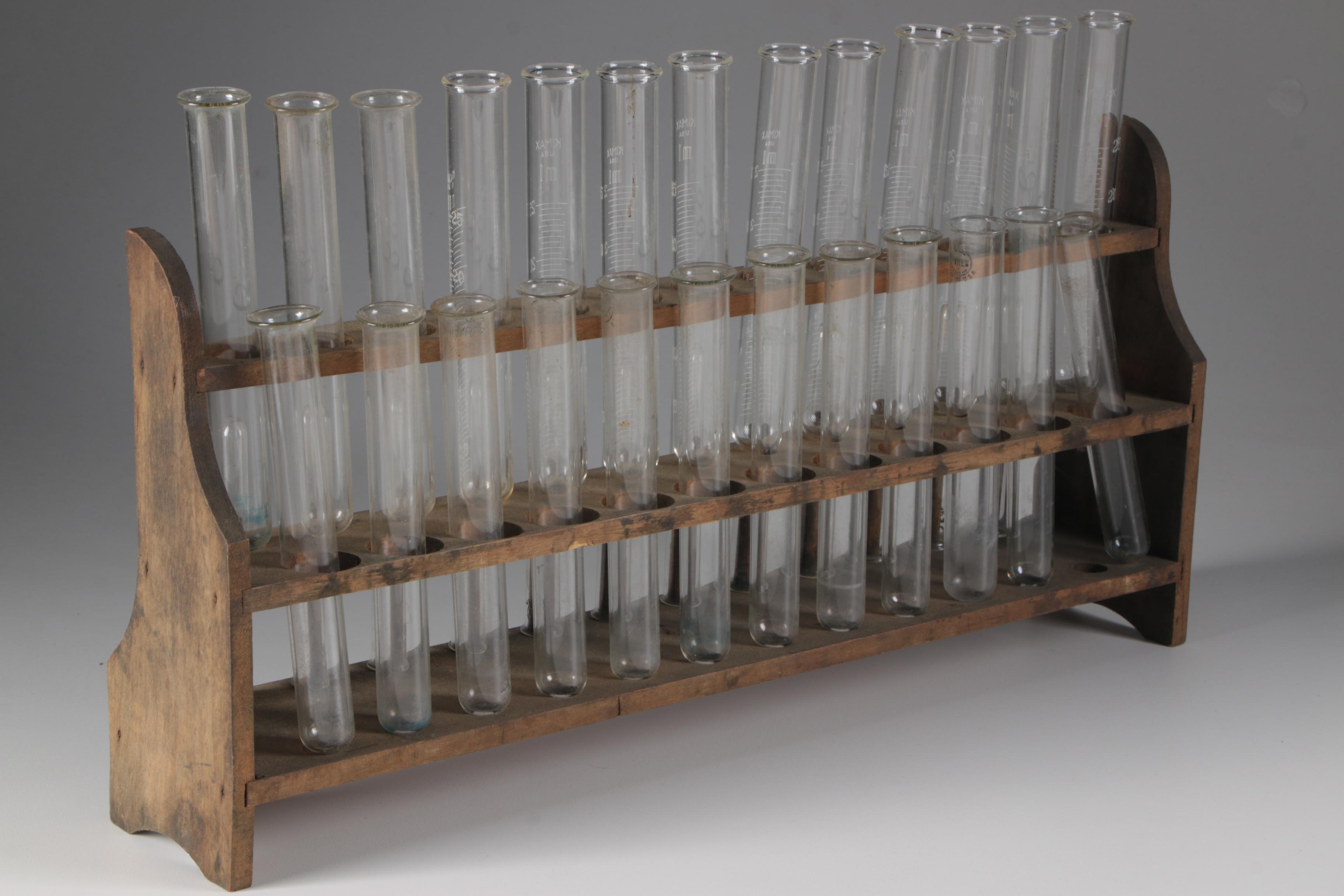 Kimax and Pyrex Test Tubes with Wooden Racks