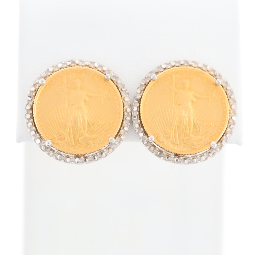 14K White Gold Earrings with 2005 $5 Gold Eagle 1/10 Oz. Bullion Coins
