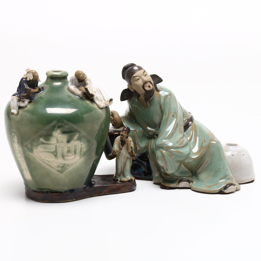 Chinese Stoneware Figurine and Bud Vase