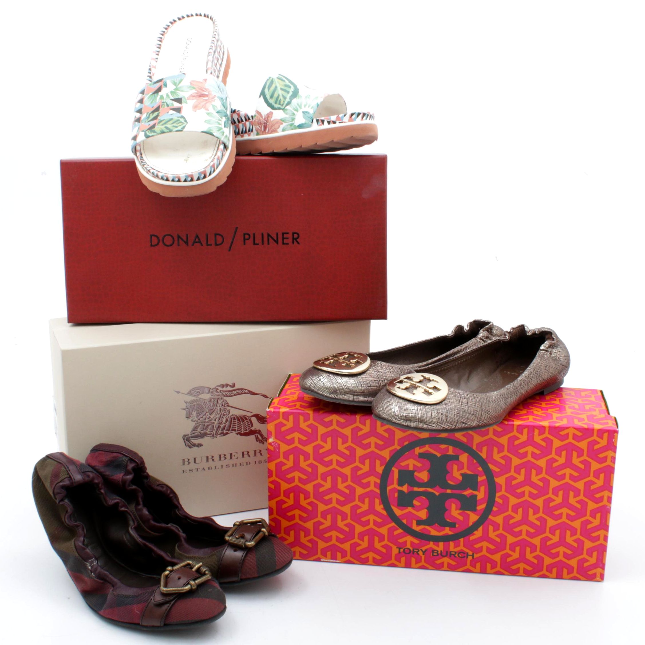 Tory Burch, Burberry and Donald J Pliner Flats and Slides