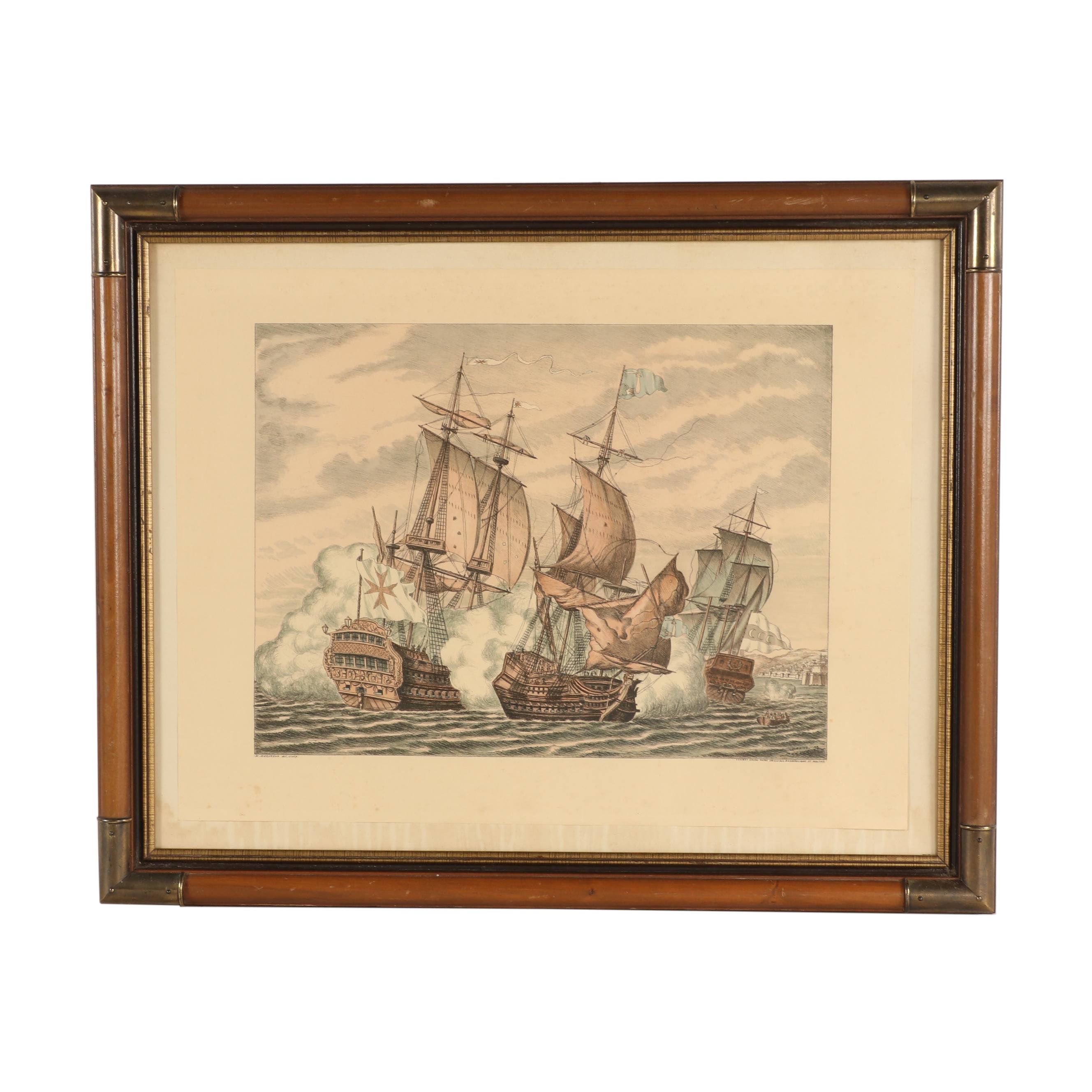Daniel Derveaux Color Lithograph of Maritime Battle