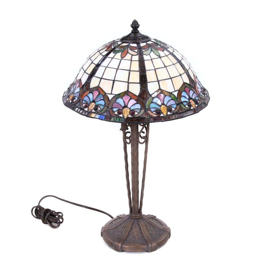 Cast Metal Table Lamp with Slag Glass Dome Shade, Contemporary