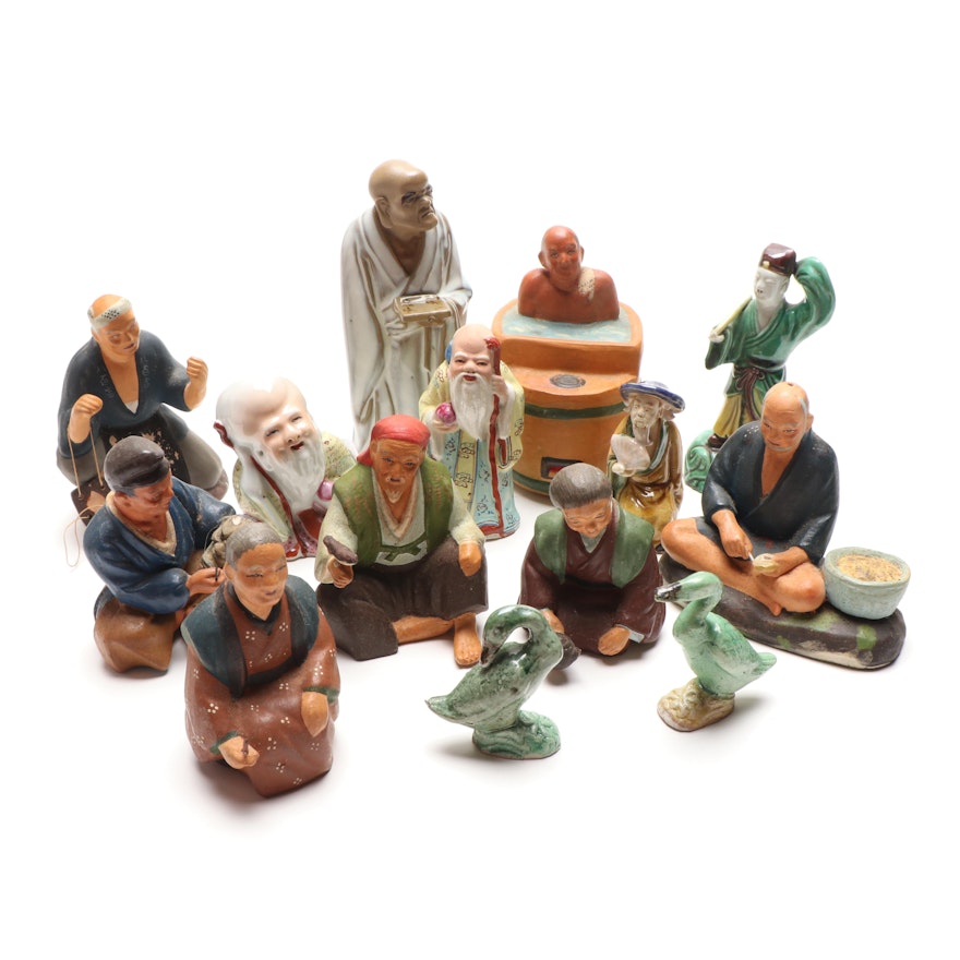 Chinese Shiwan Ware Hand Painted Stoneware and Porcelain Figurines, Vintage