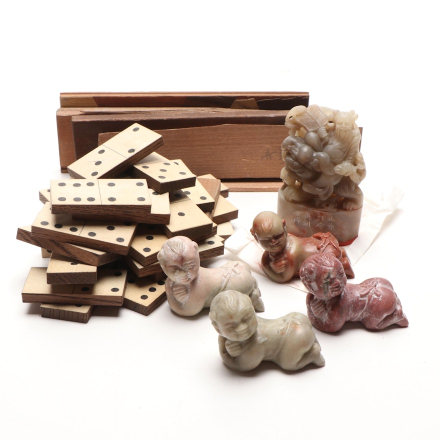 Chinese Soapstone Miniature Figurines with Boxes and Dominoes, Mid-20th Century