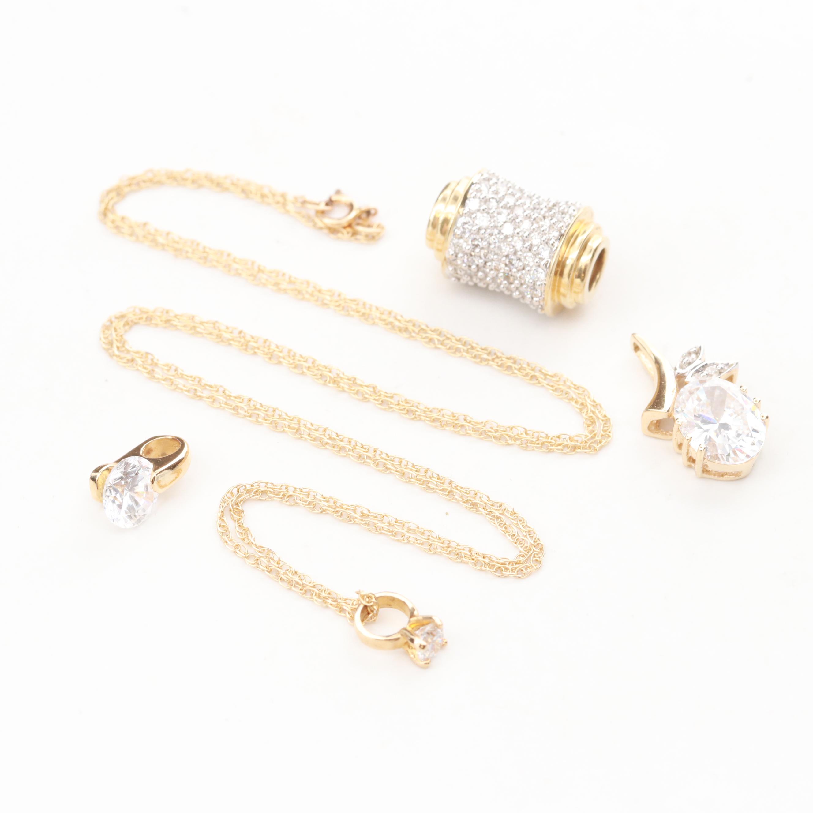 14K Yellow Gold Necklace with Diamond and Cubic Zirconia Pendants