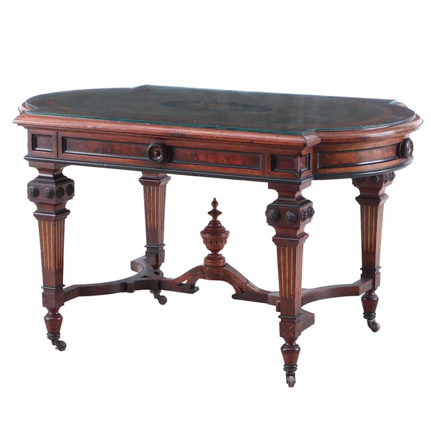 Renaissance Revival Gilt-Incised, Parcel-Ebonized, and Marquetry Center Table