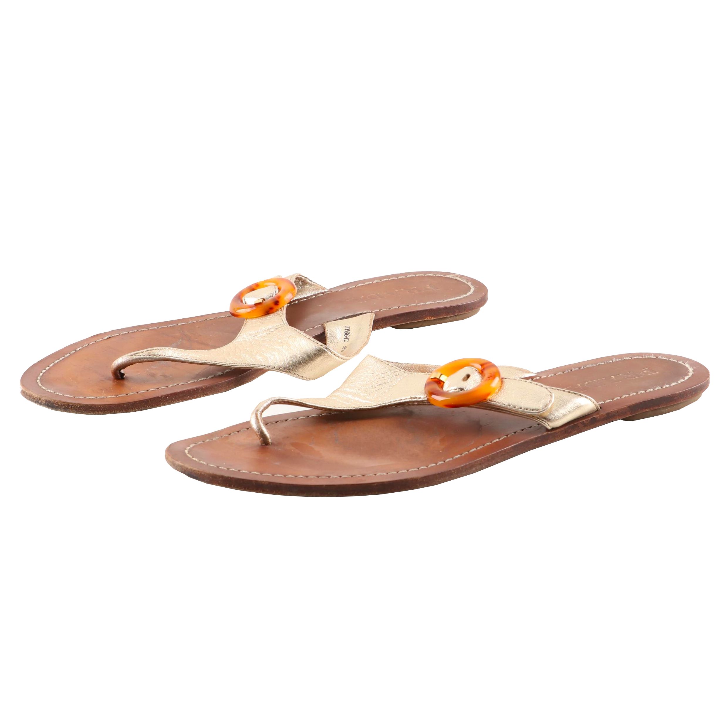 Prada Gold Metallic Leather Thong Sandals