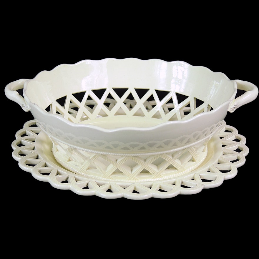 English Creamware Reticulated Basket on Stand, Late 18th Century