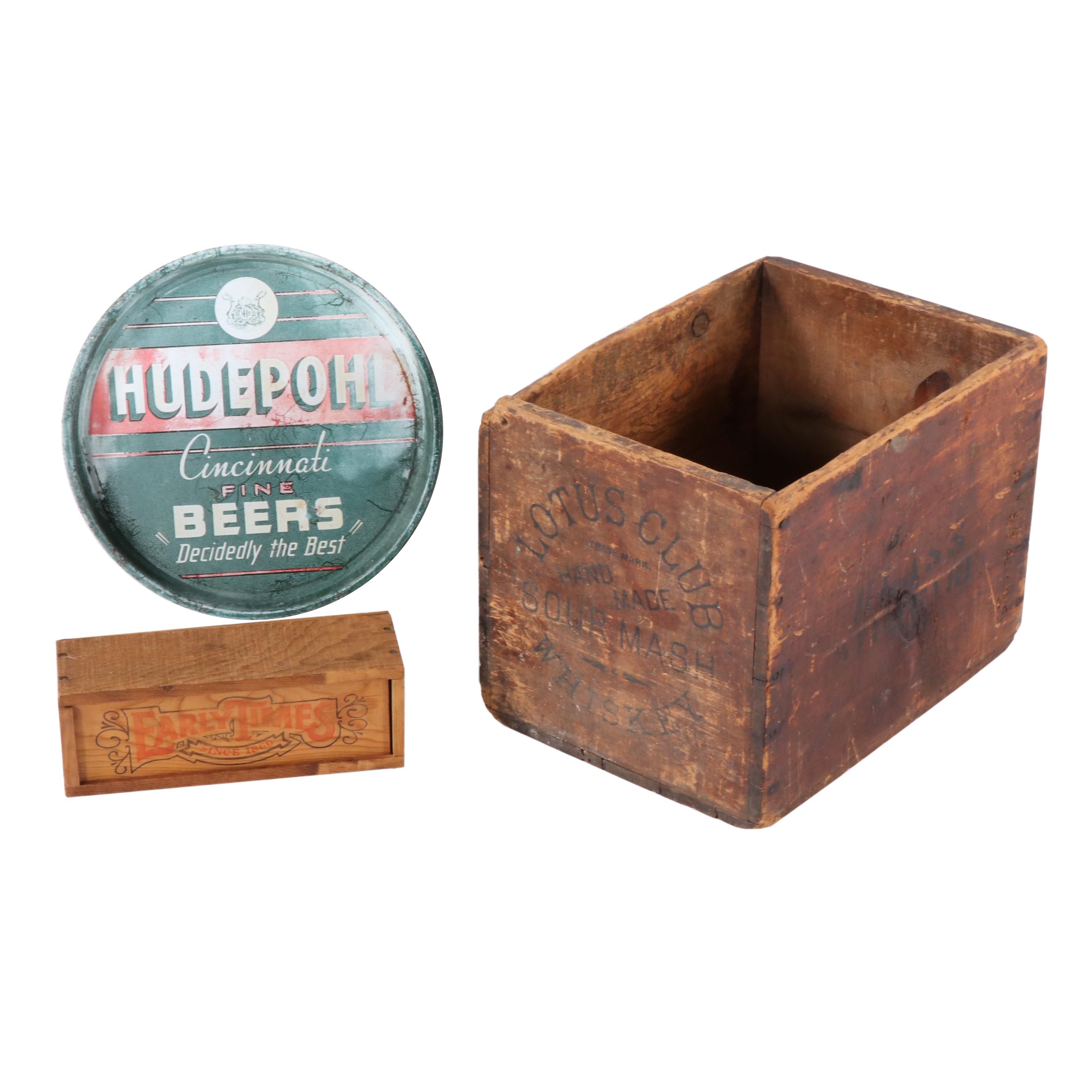Hudepohl Beer Tray with Lotus Club Sour Mash Whiskey Crate, Vintage