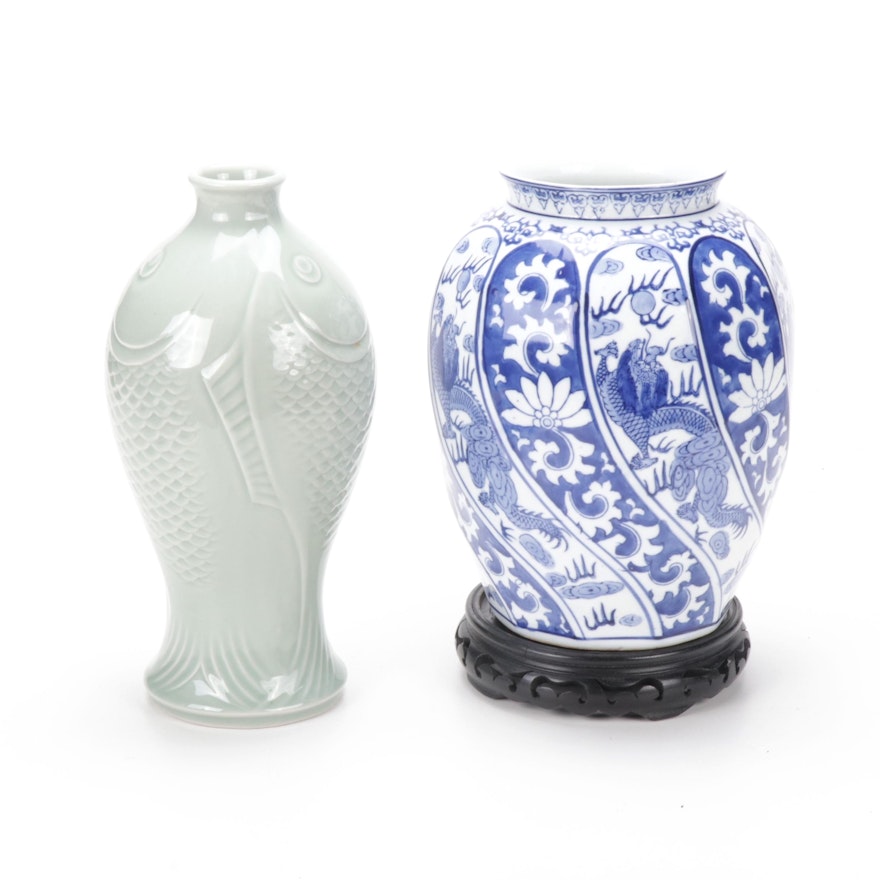 Chinese Ceramic Vase with Wooden Stand