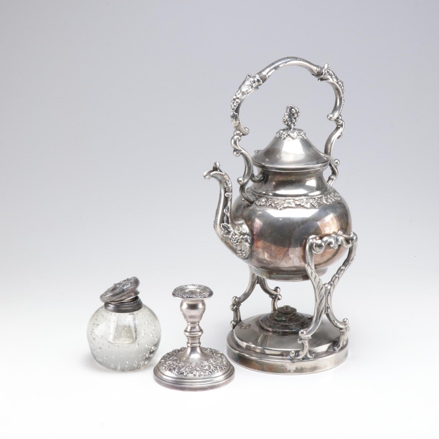 Silver Plate Kettle on Stand and Sterling Silver "Repousse" Candlestick by Kirk