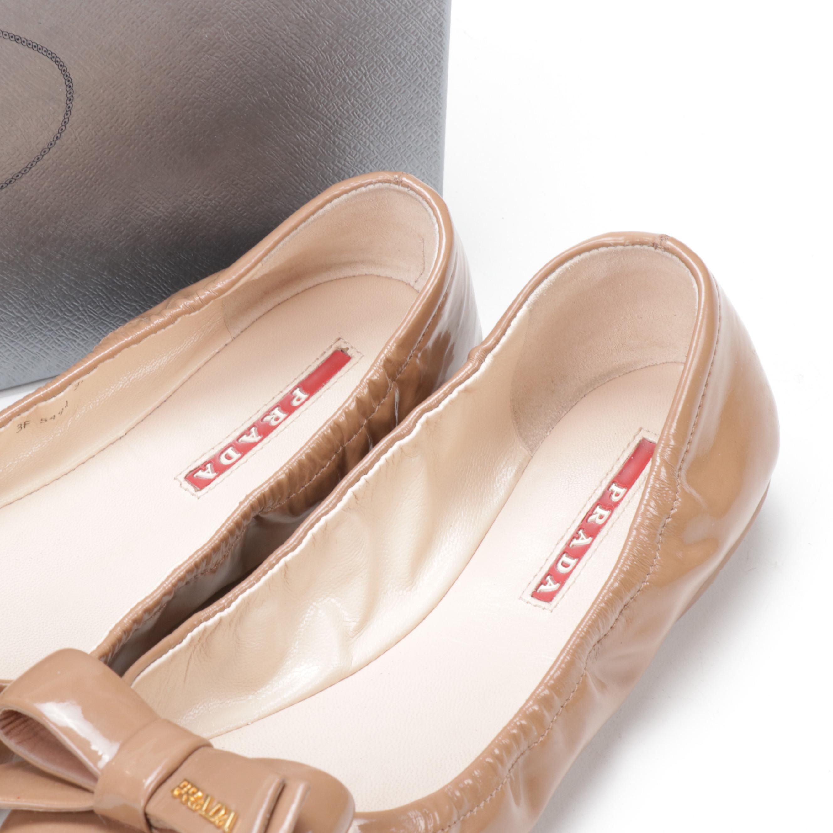 Prada Nude Patent Leather Ballet Flats with Bow