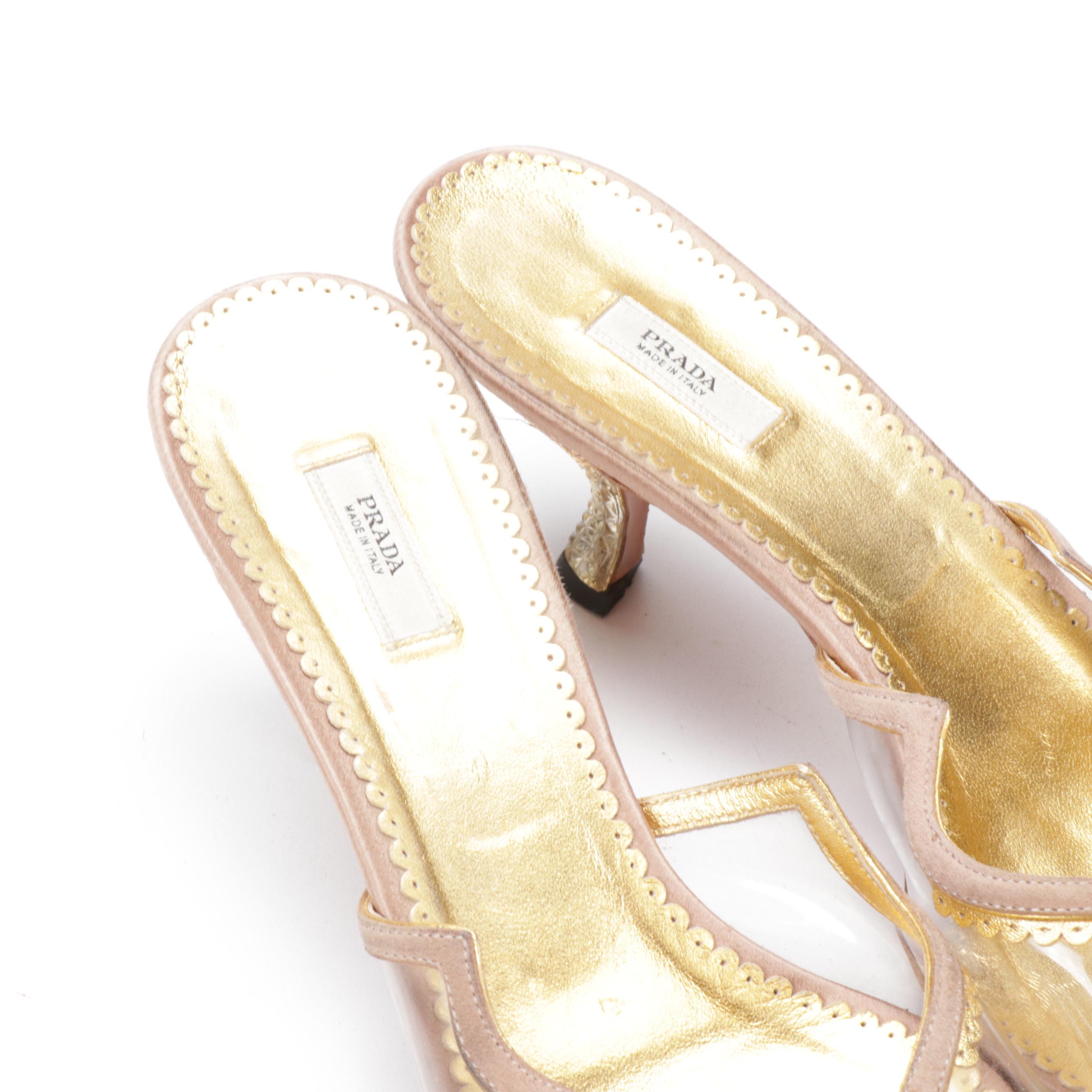 Prada Leather Trimmed Transparent Plastic Mules with Lucite Kitten Heel