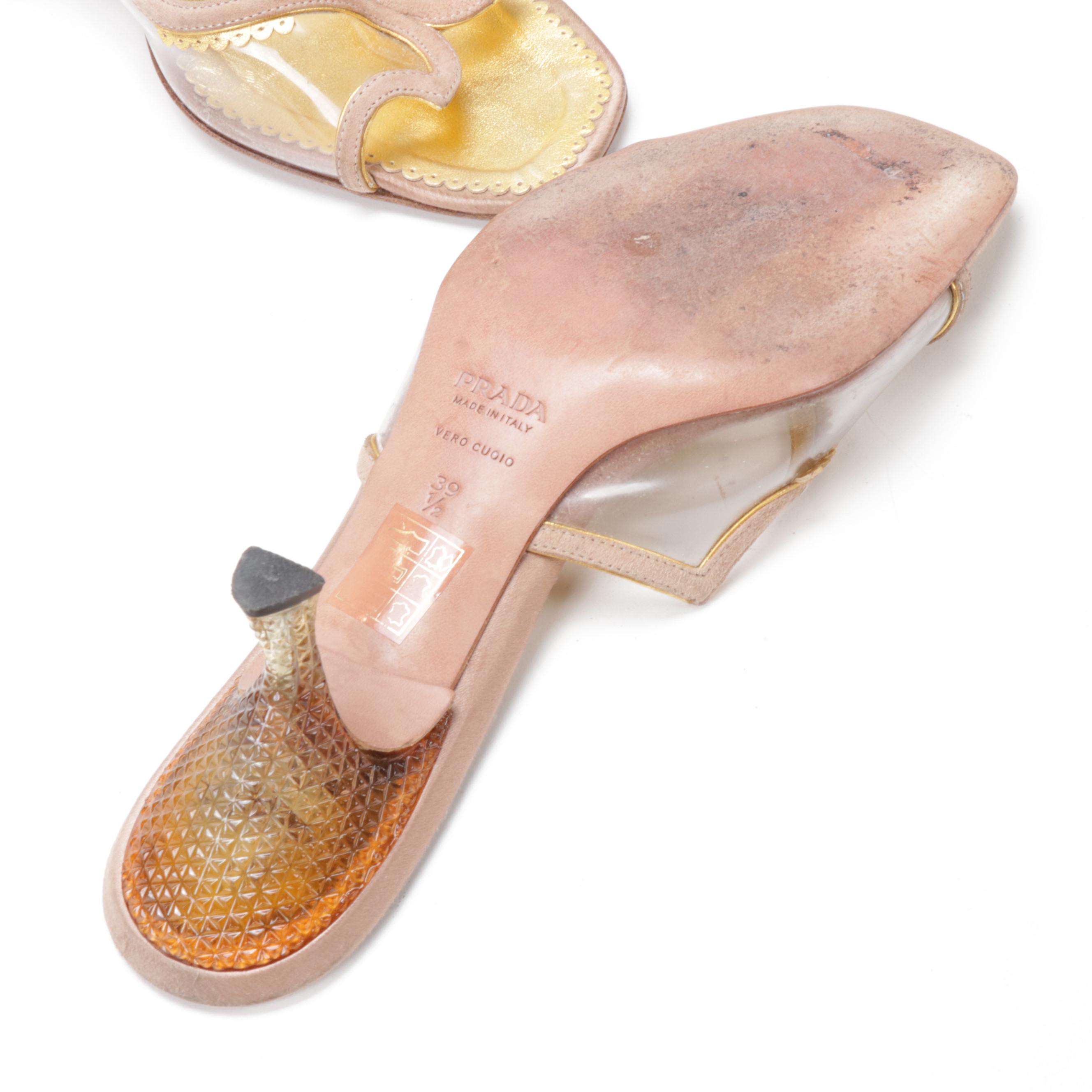 Prada Leather Trimmed Transparent Plastic Mules with Lucite Kitten Heel