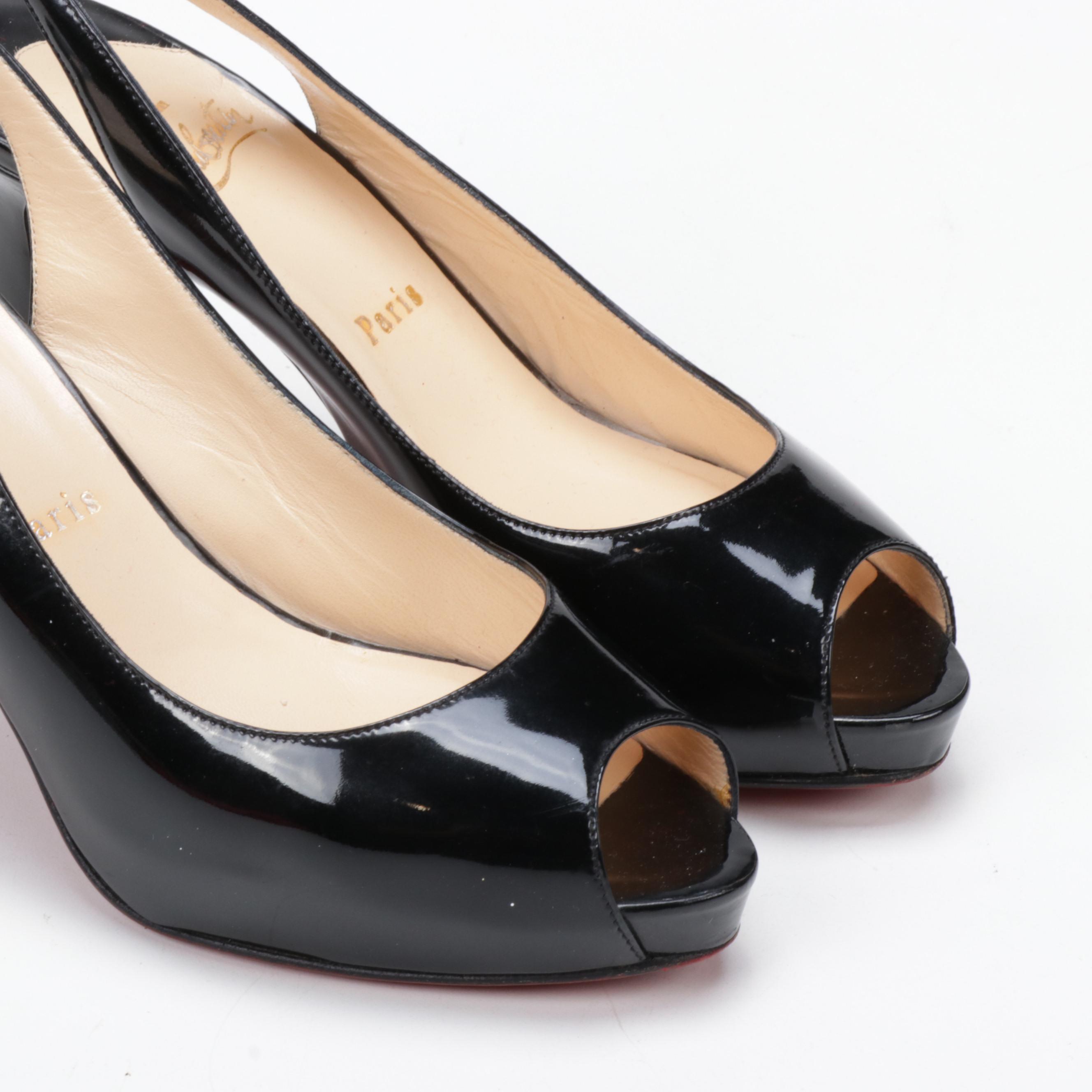 Christian Louboutin Paris Black Patent Leather Peep-Toe High Heel Slingbacks