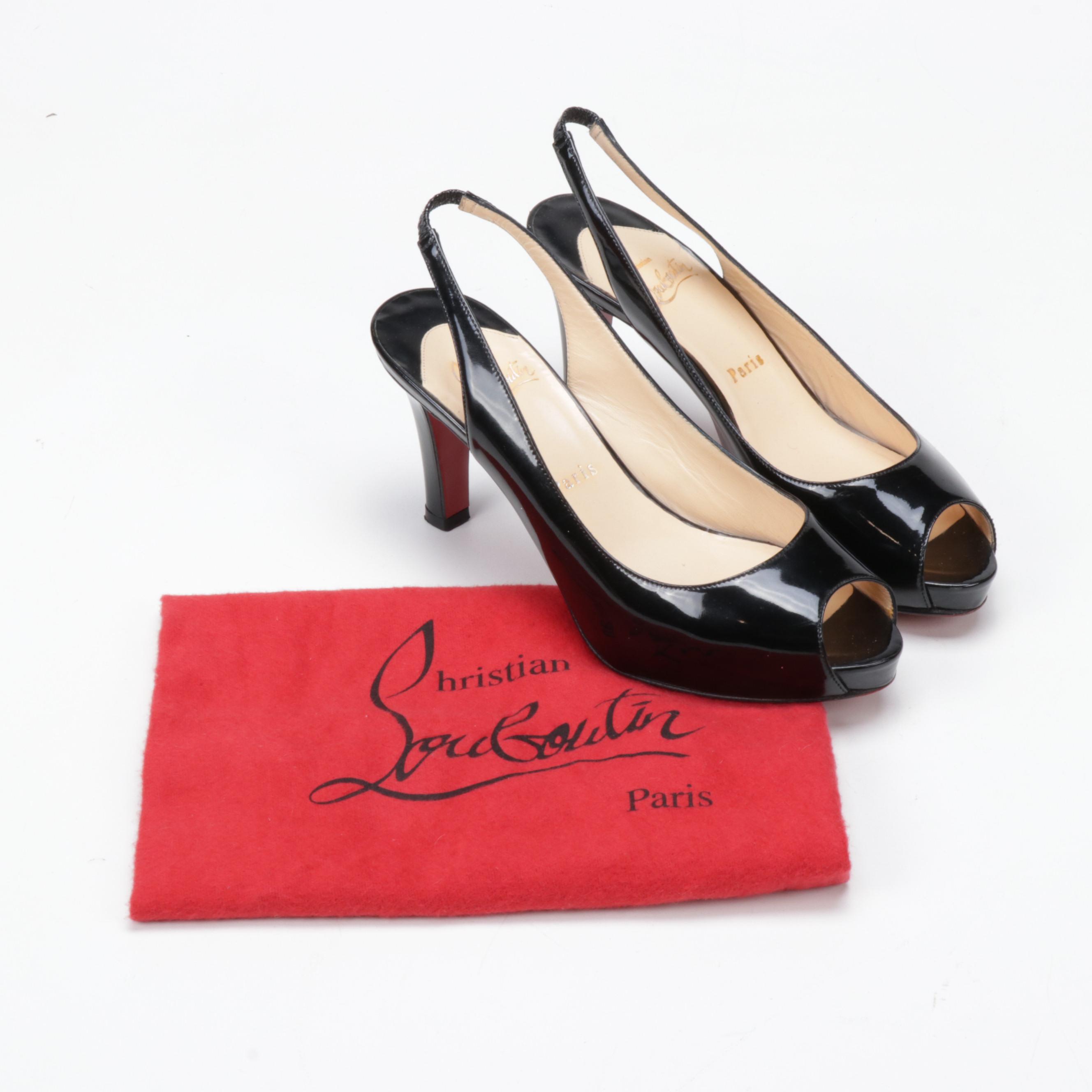 Christian Louboutin Paris Black Patent Leather Peep-Toe High Heel Slingbacks