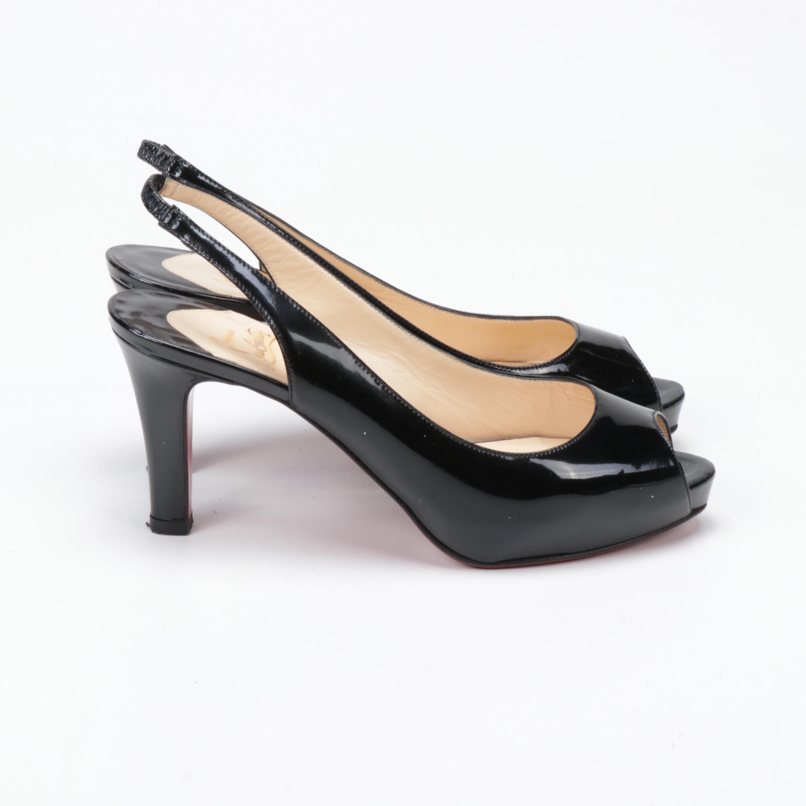 Christian Louboutin Paris Black Patent Leather Peep-Toe High Heel Slingbacks