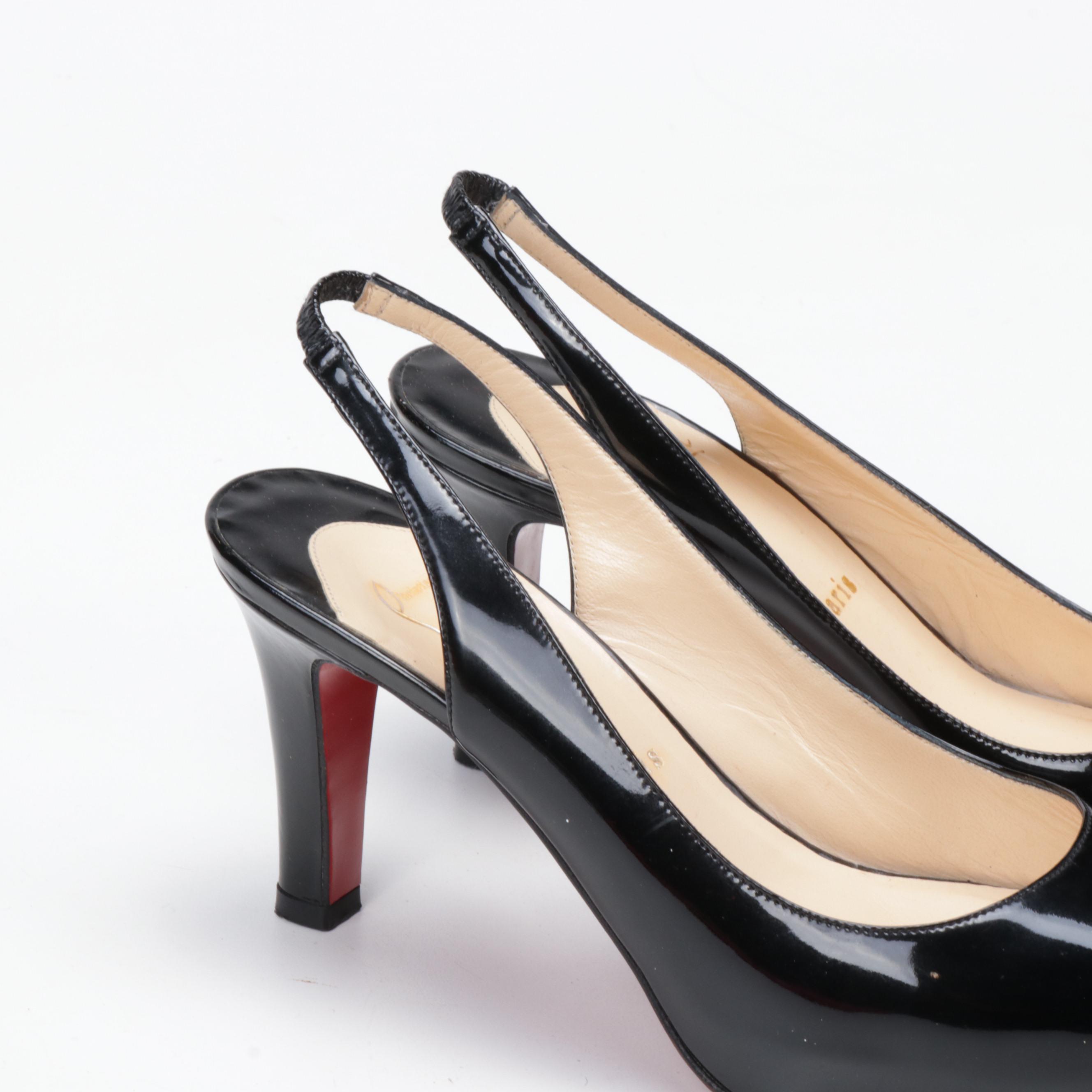 Christian Louboutin Paris Black Patent Leather Peep-Toe High Heel Slingbacks
