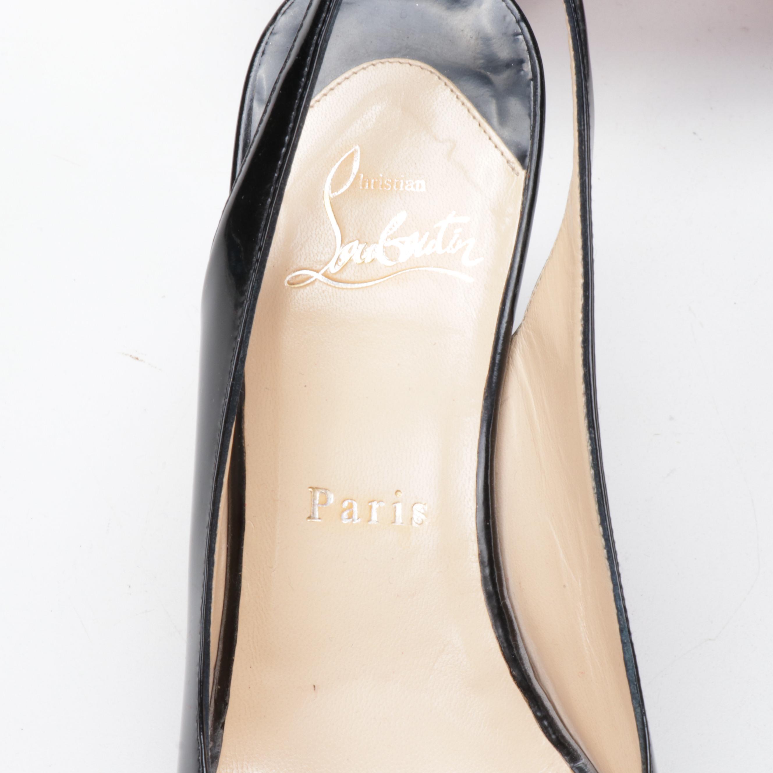 Christian Louboutin Paris Black Patent Leather Peep-Toe High Heel Slingbacks
