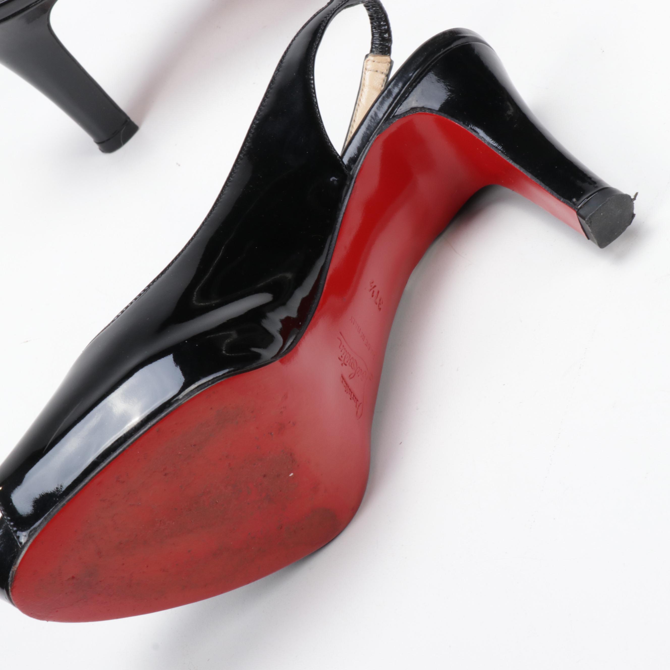 Christian Louboutin Paris Black Patent Leather Peep-Toe High Heel Slingbacks