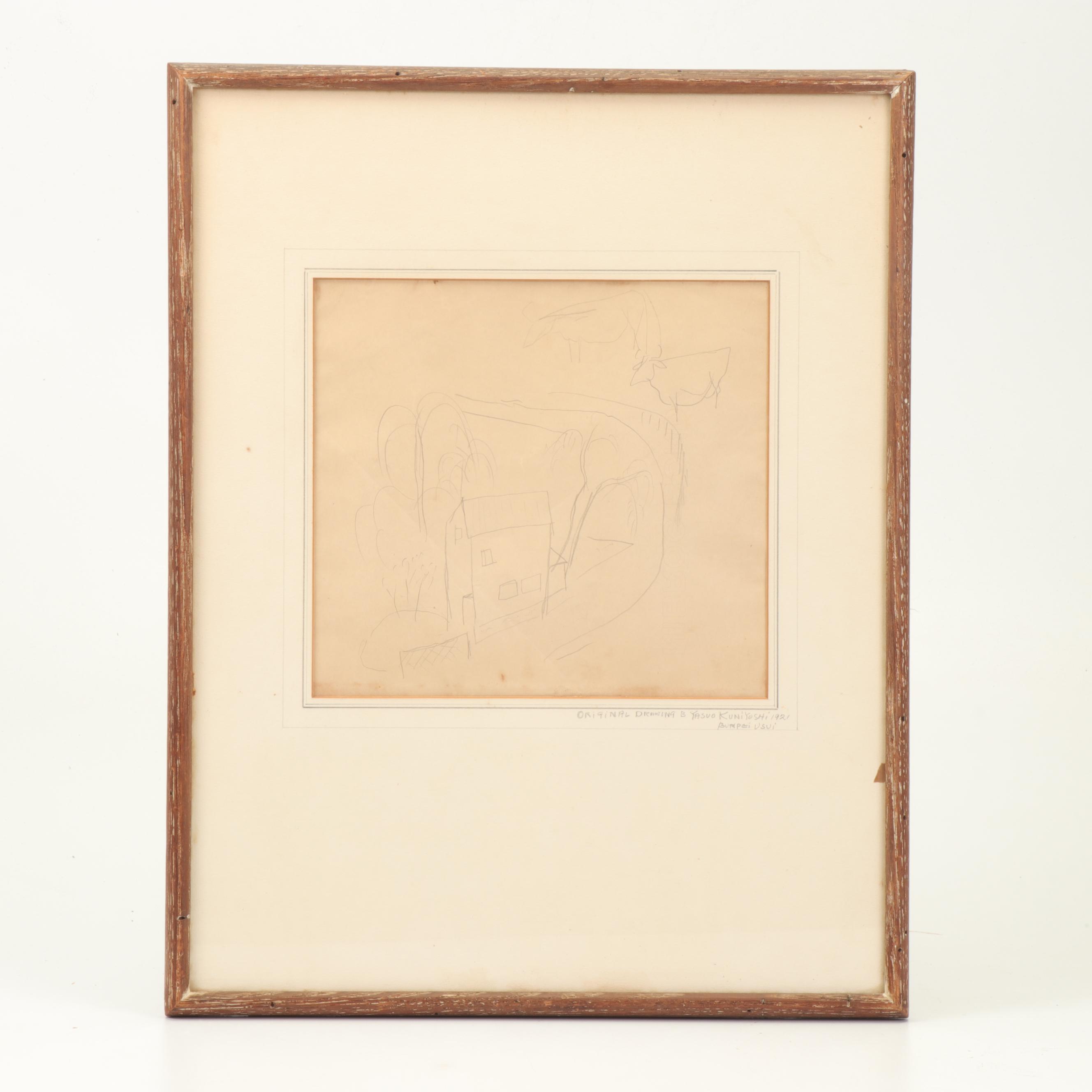 Pastoral Landscape Drawing Attributed to Yasuo Kuniyoshi