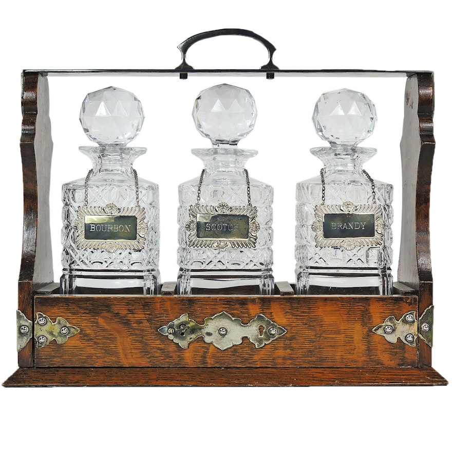 Oak Tantalus with Sterling Silver and Crystal Decanter Set, 20th Century