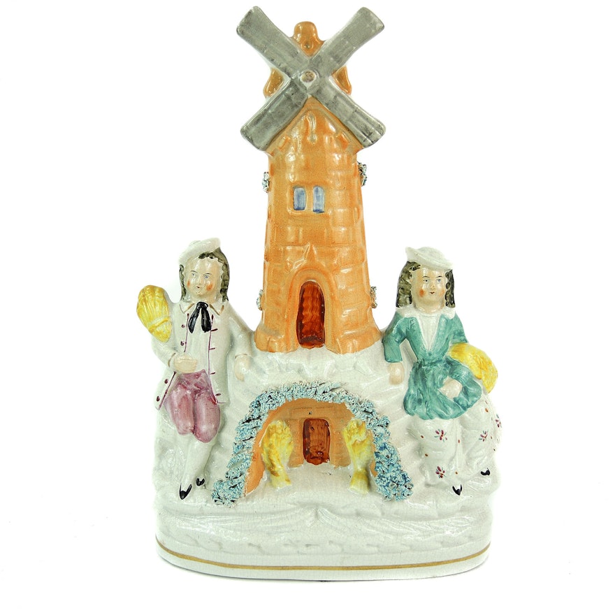 Staffordshire "Gleaners and Windmill" Figurine, Mid 19th Century