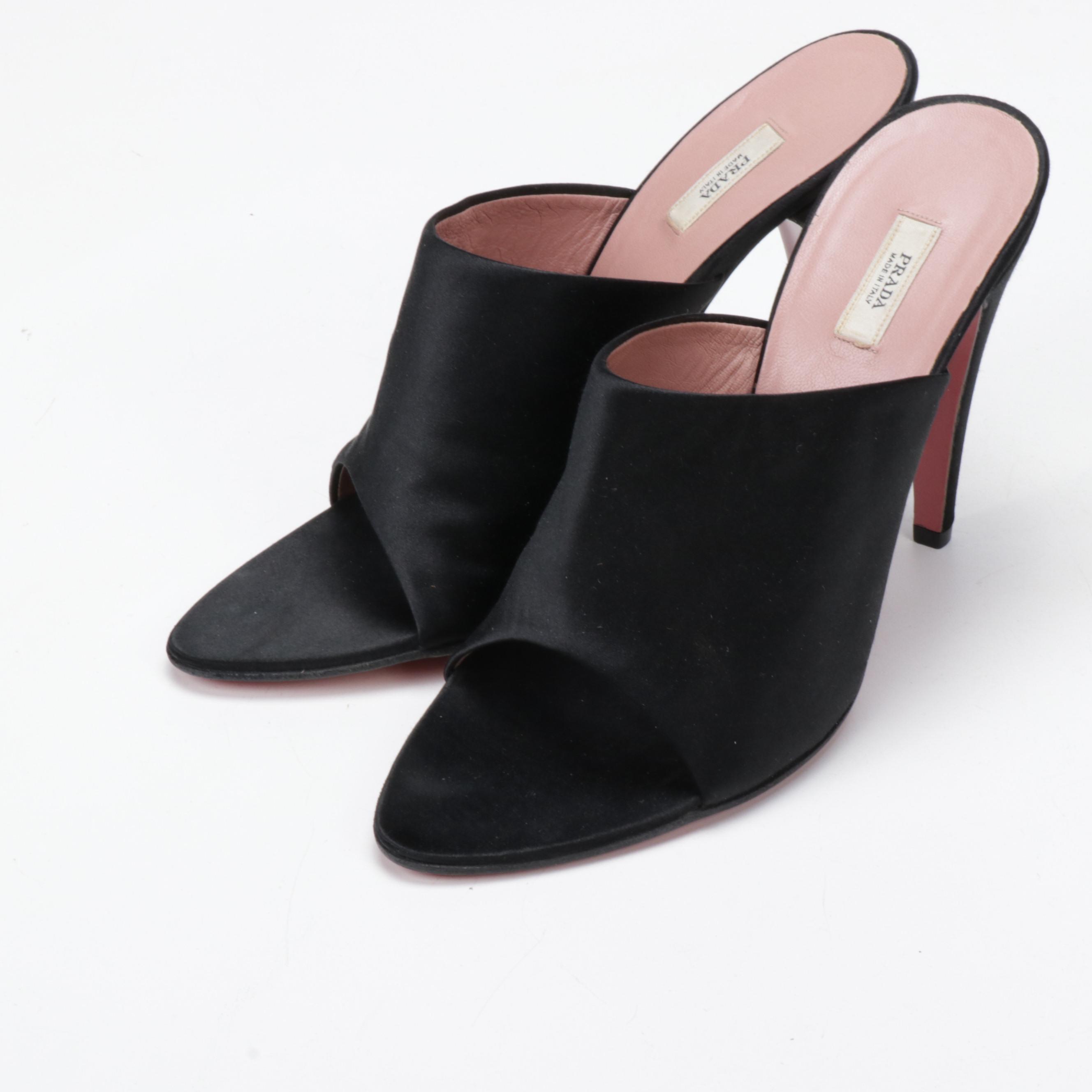Prada Black Satin High Heel Open Toe Mules