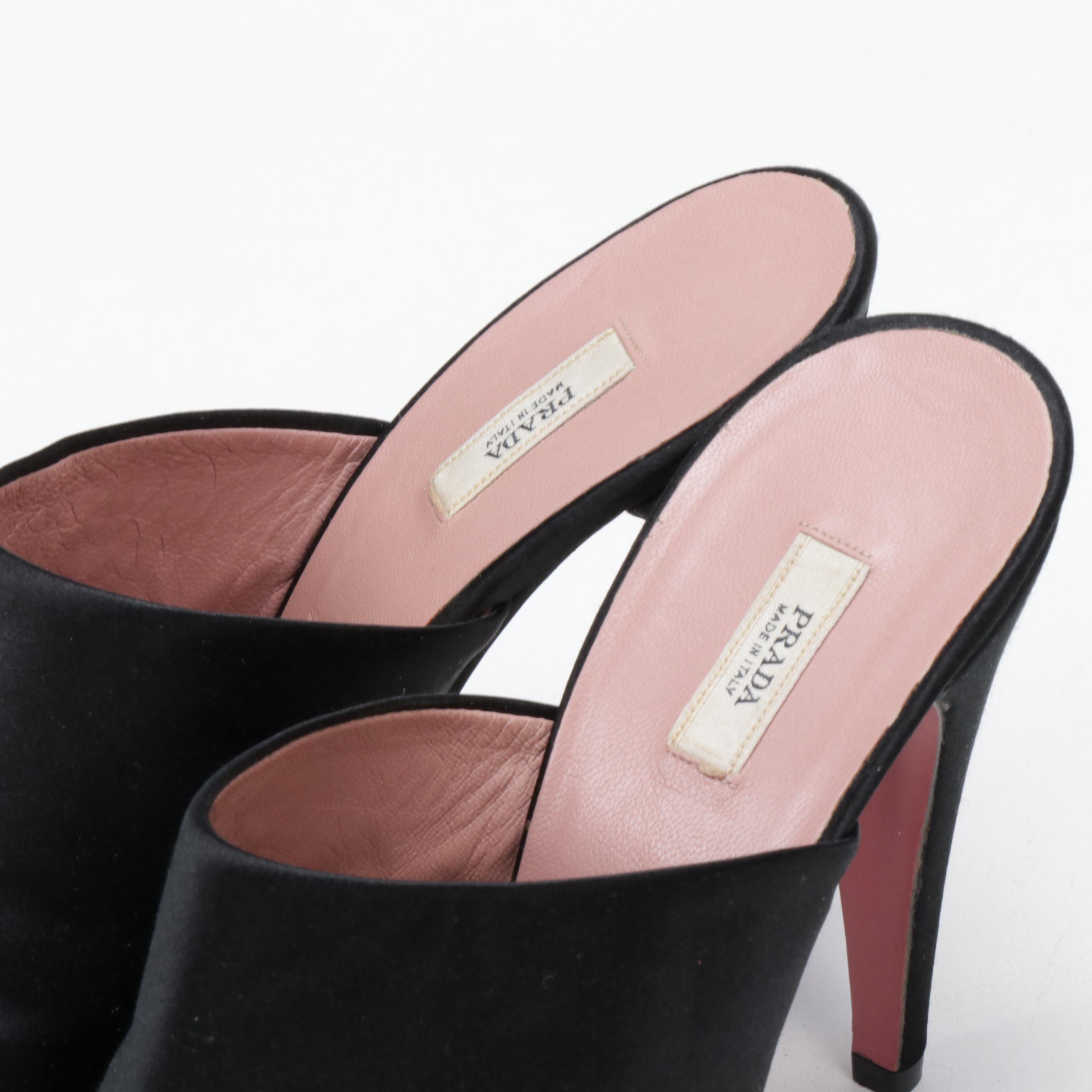 Prada Black Satin High Heel Open Toe Mules