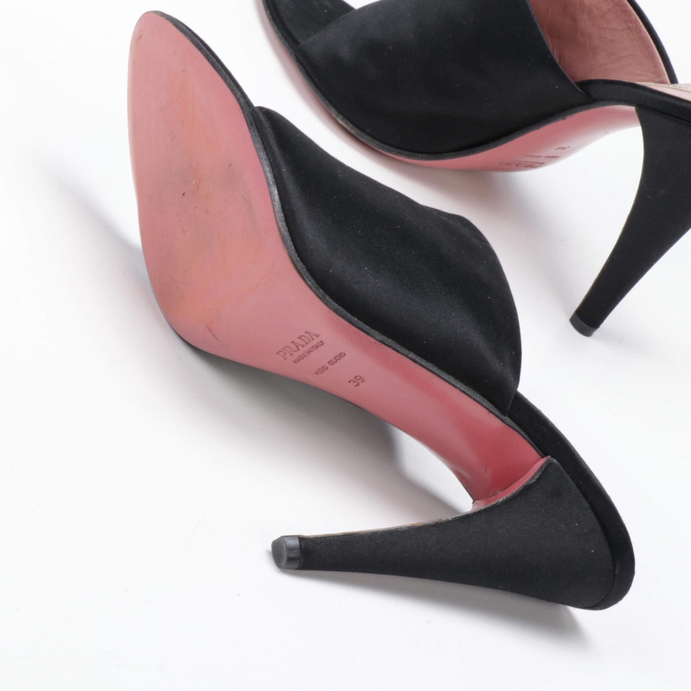 Prada Black Satin High Heel Open Toe Mules