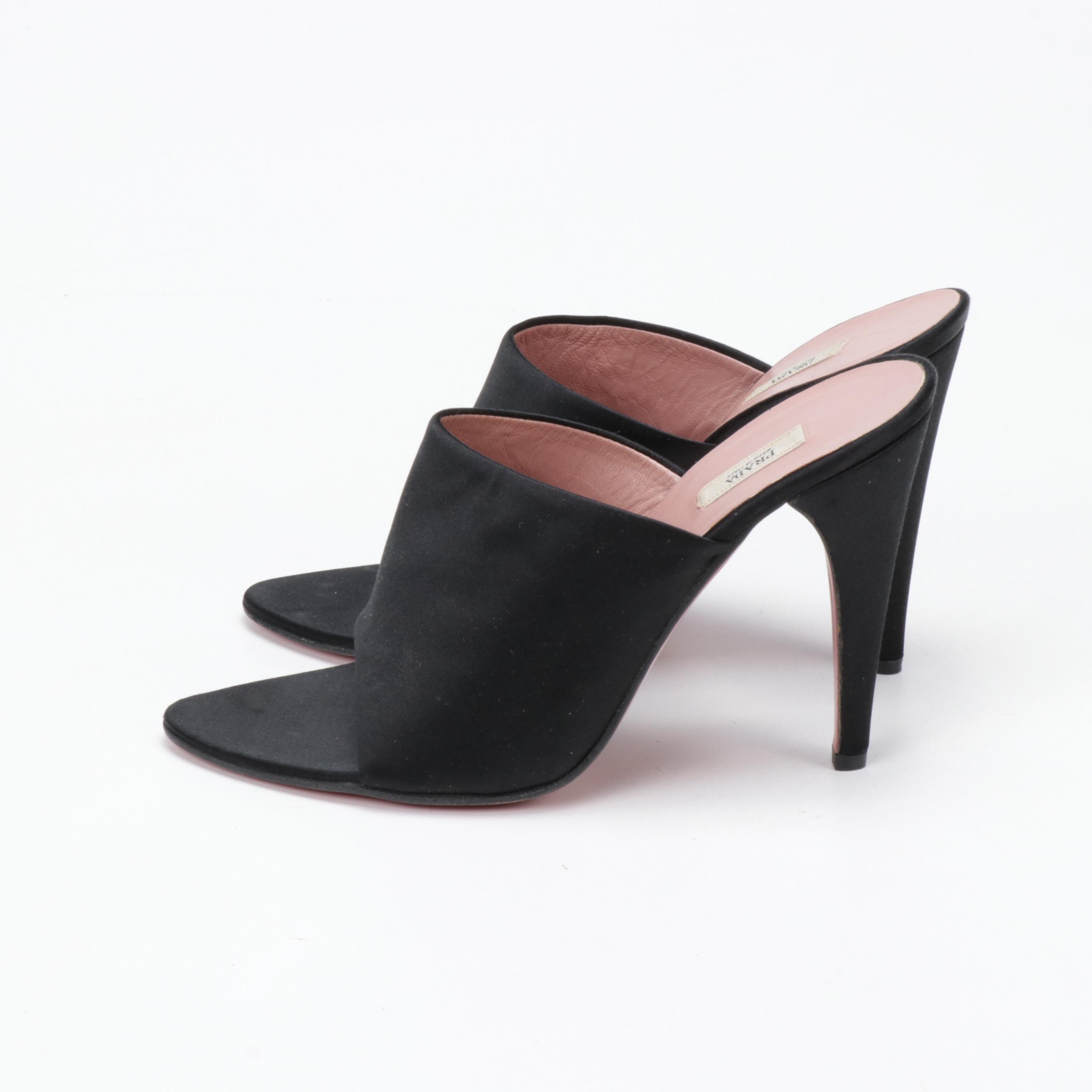 Prada Black Satin High Heel Open Toe Mules