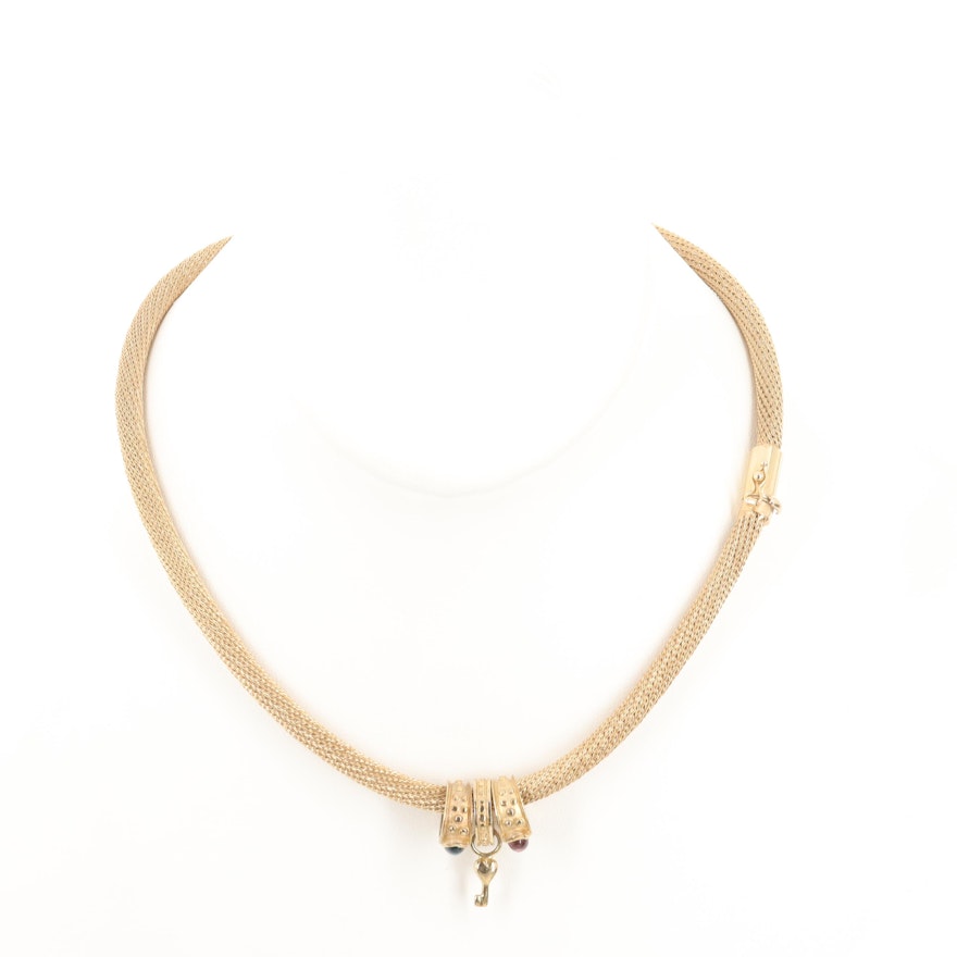 14K Yellow Gold Wheat Chain Necklace with Topaz, Tourmaline, Heart Key Pendants
