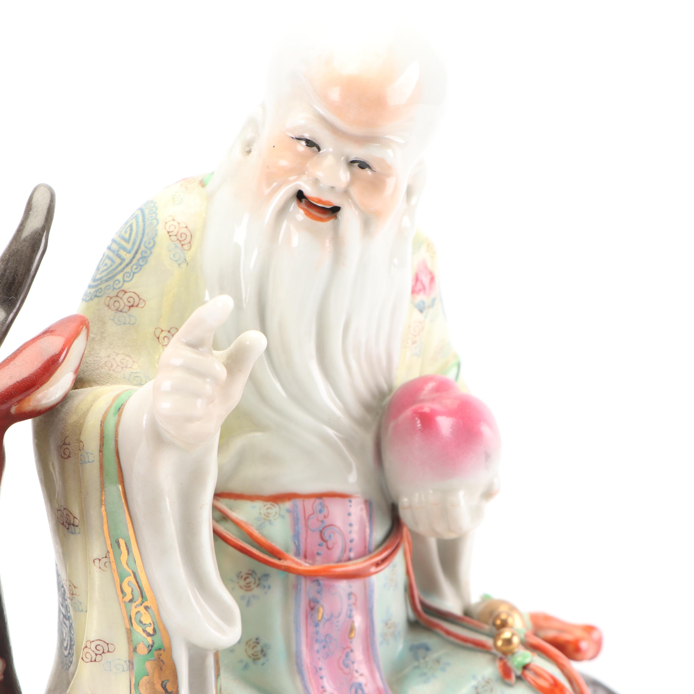 Chinese God of Longevity Riding a Deer Ceramic Figurine on Wooden Base