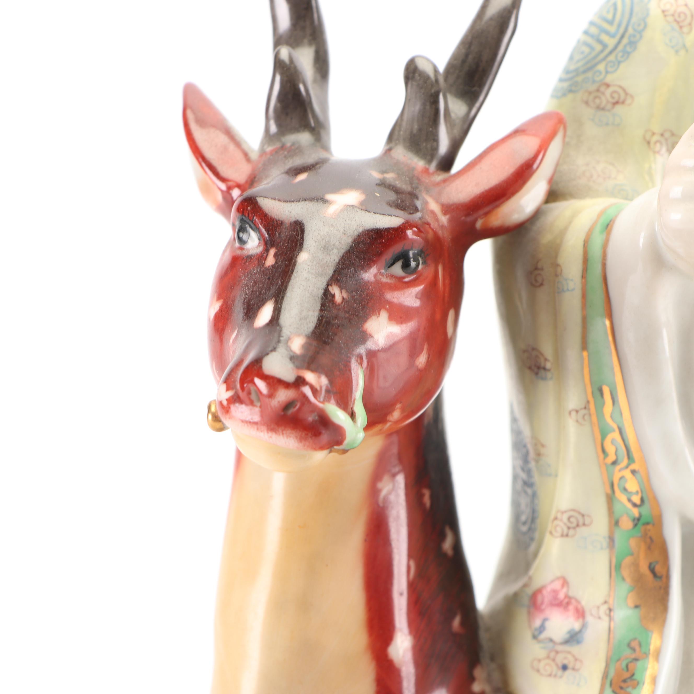 Chinese God of Longevity Riding a Deer Ceramic Figurine on Wooden Base