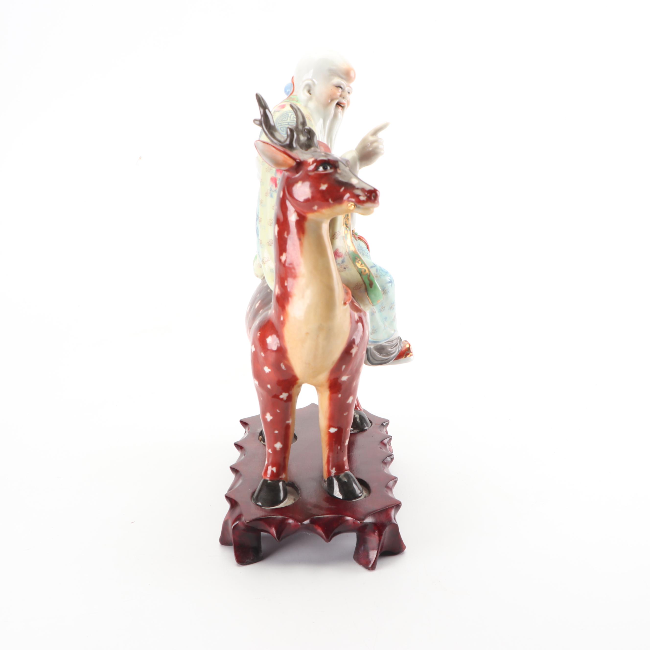 Chinese God of Longevity Riding a Deer Ceramic Figurine on Wooden Base