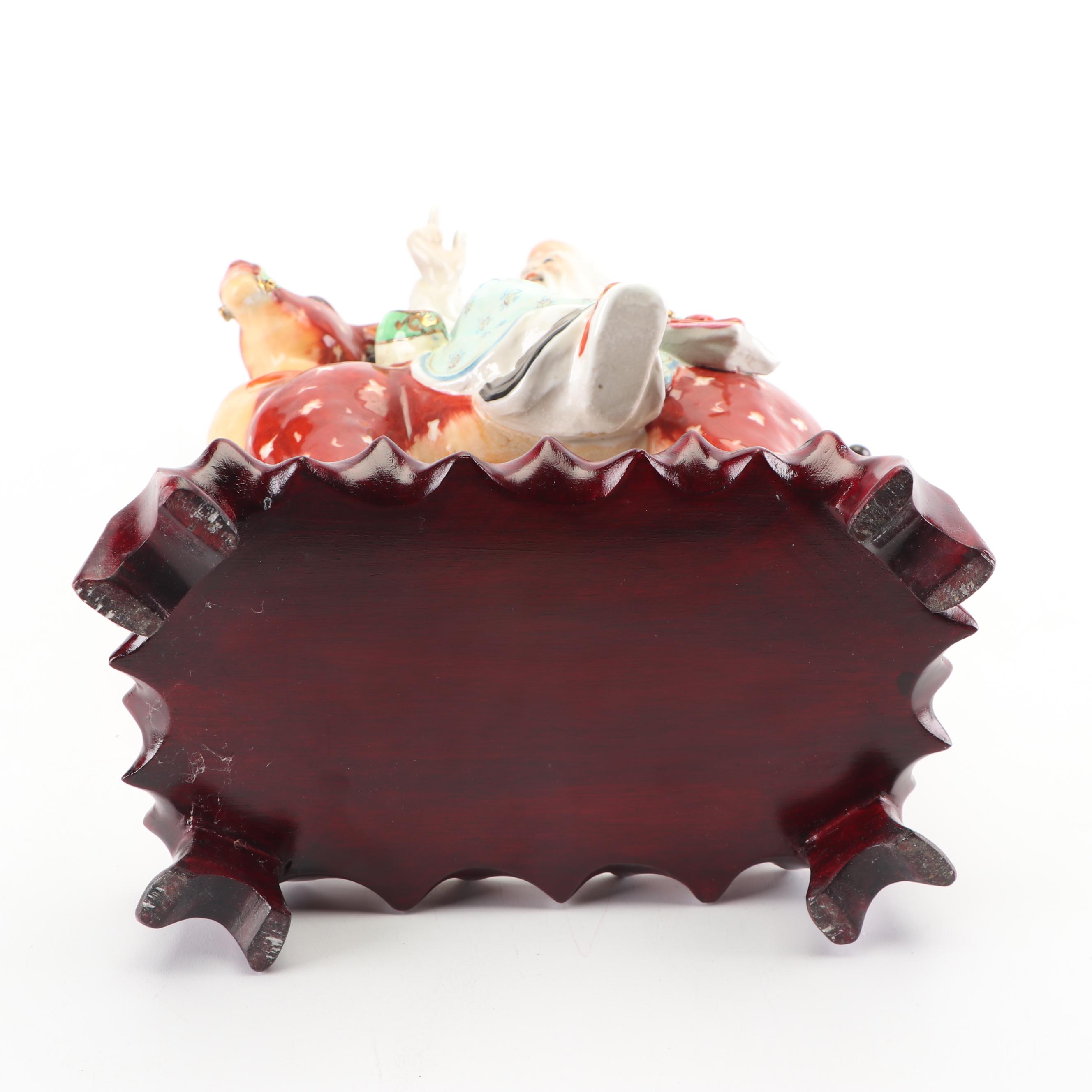 Chinese God of Longevity Riding a Deer Ceramic Figurine on Wooden Base