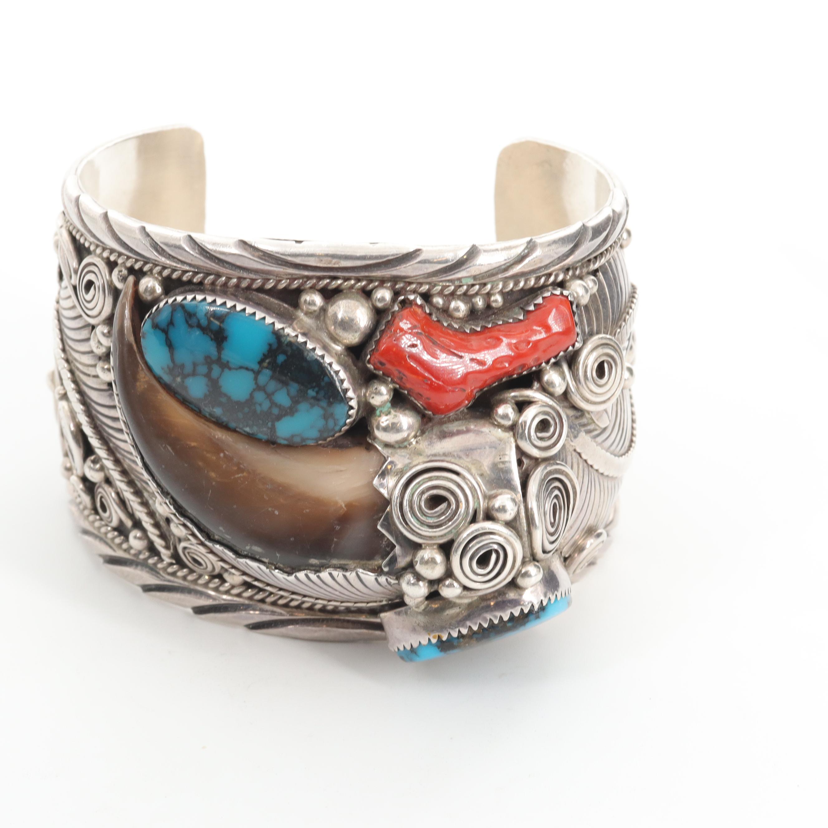 Percy Spencer Navajo Diné Sterling Silver Bear Claw and Turquoise Cuff Bracelet