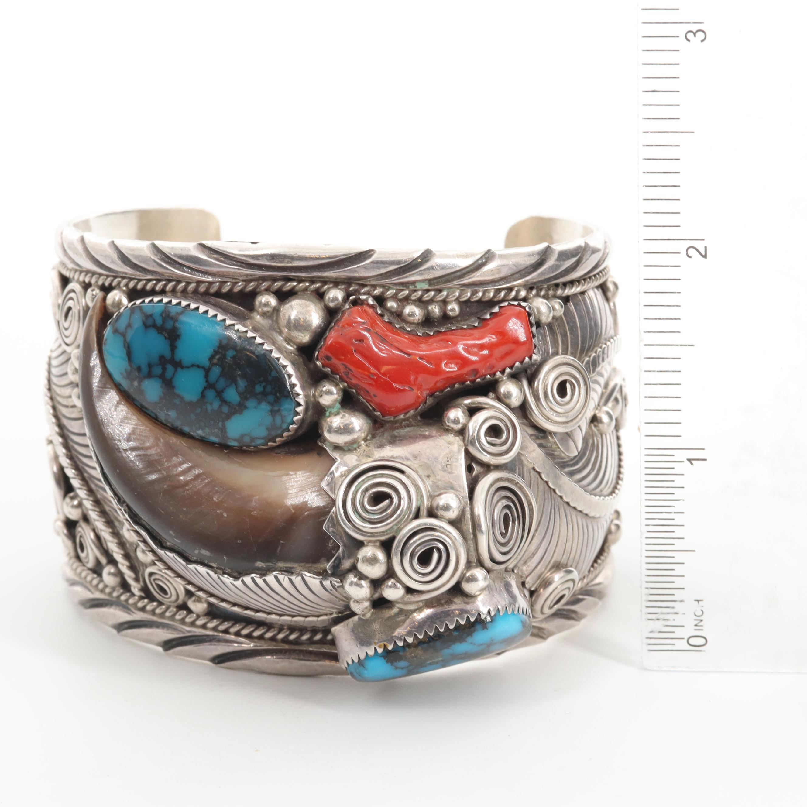 Percy Spencer Navajo Diné Sterling Silver Bear Claw and Turquoise Cuff Bracelet