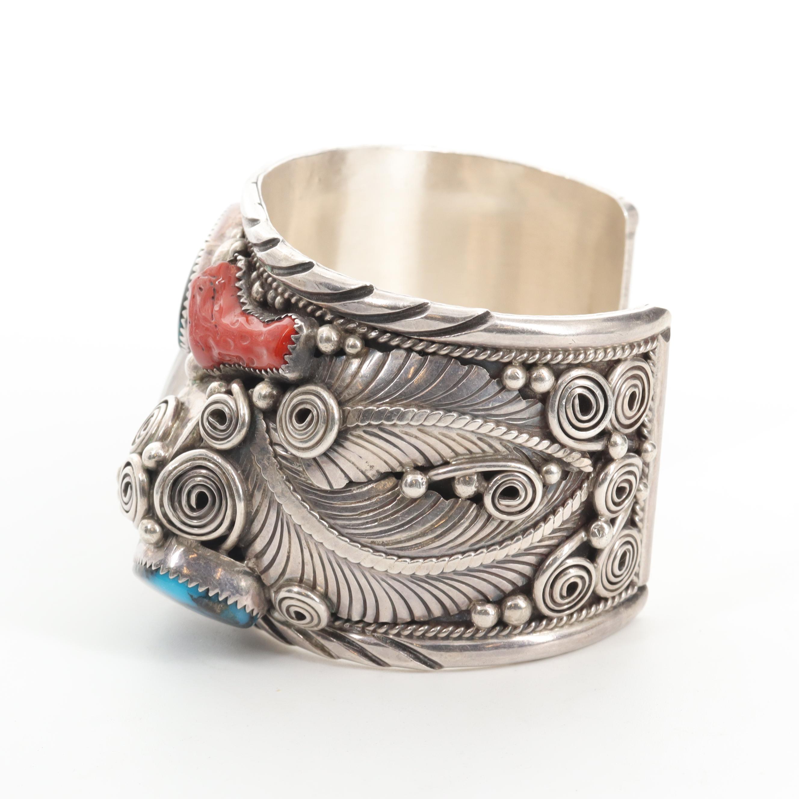 Percy Spencer Navajo Diné Sterling Silver Bear Claw and Turquoise Cuff Bracelet