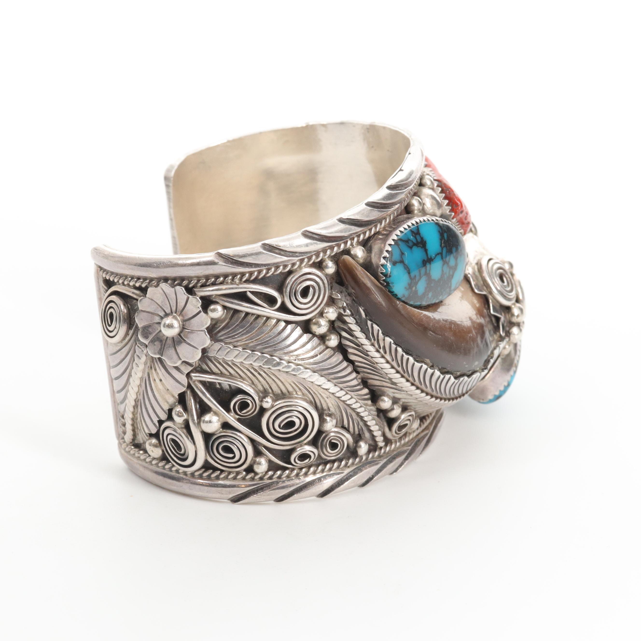 Percy Spencer Navajo Diné Sterling Silver Bear Claw and Turquoise Cuff Bracelet