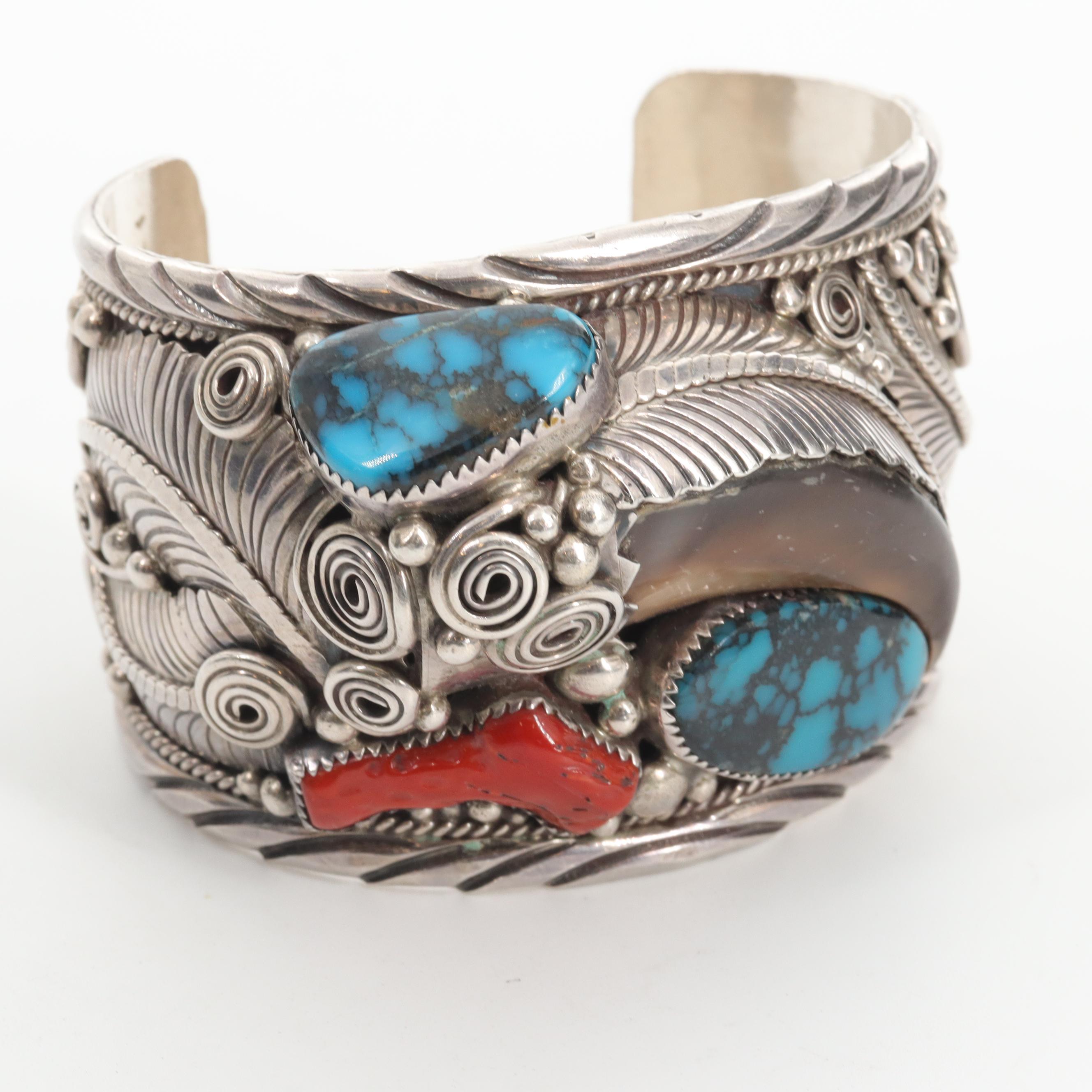 Percy Spencer Navajo Diné Sterling Silver Bear Claw and Turquoise Cuff Bracelet