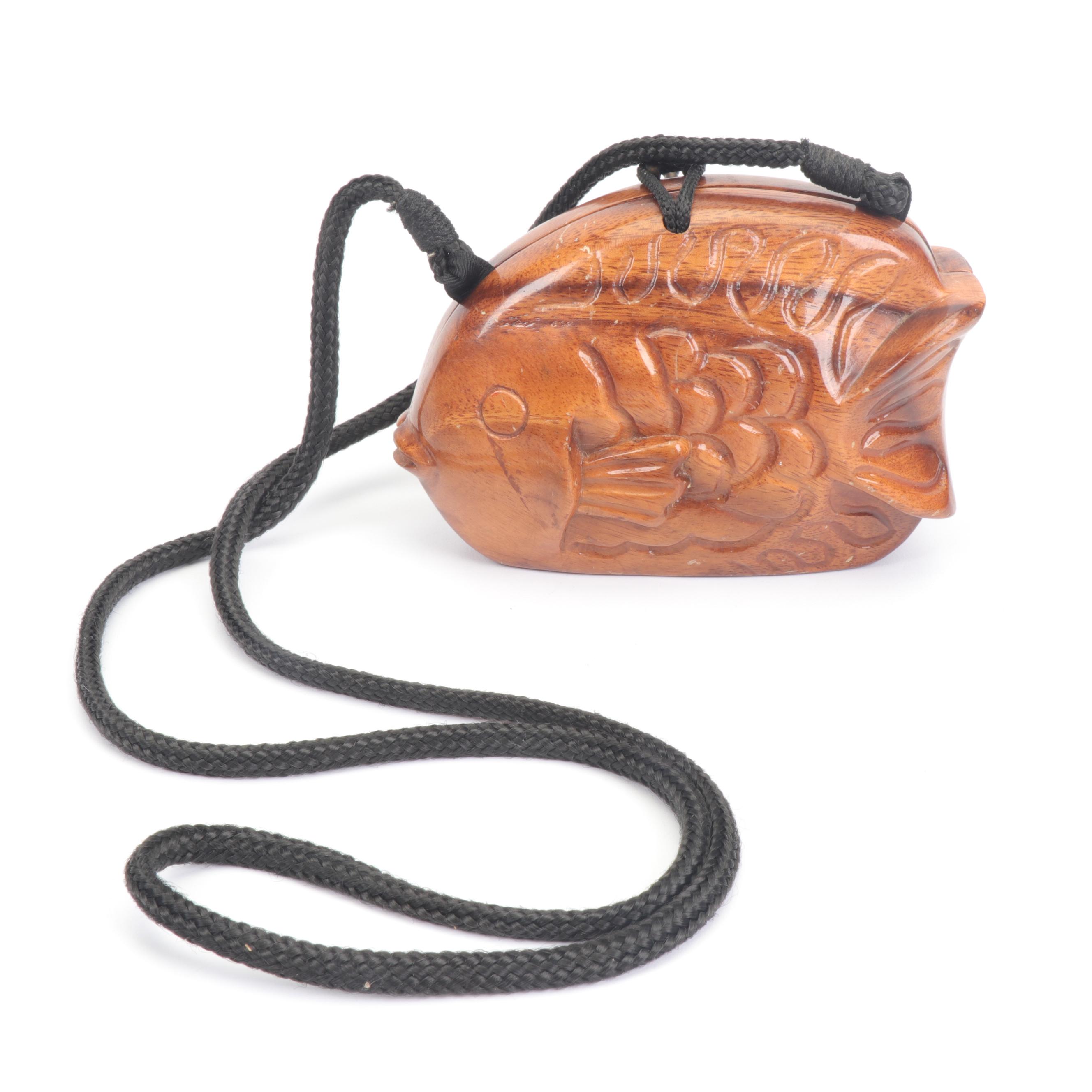 Timmy Woods Beverly Hills Carved Wooden Fish Box Purse