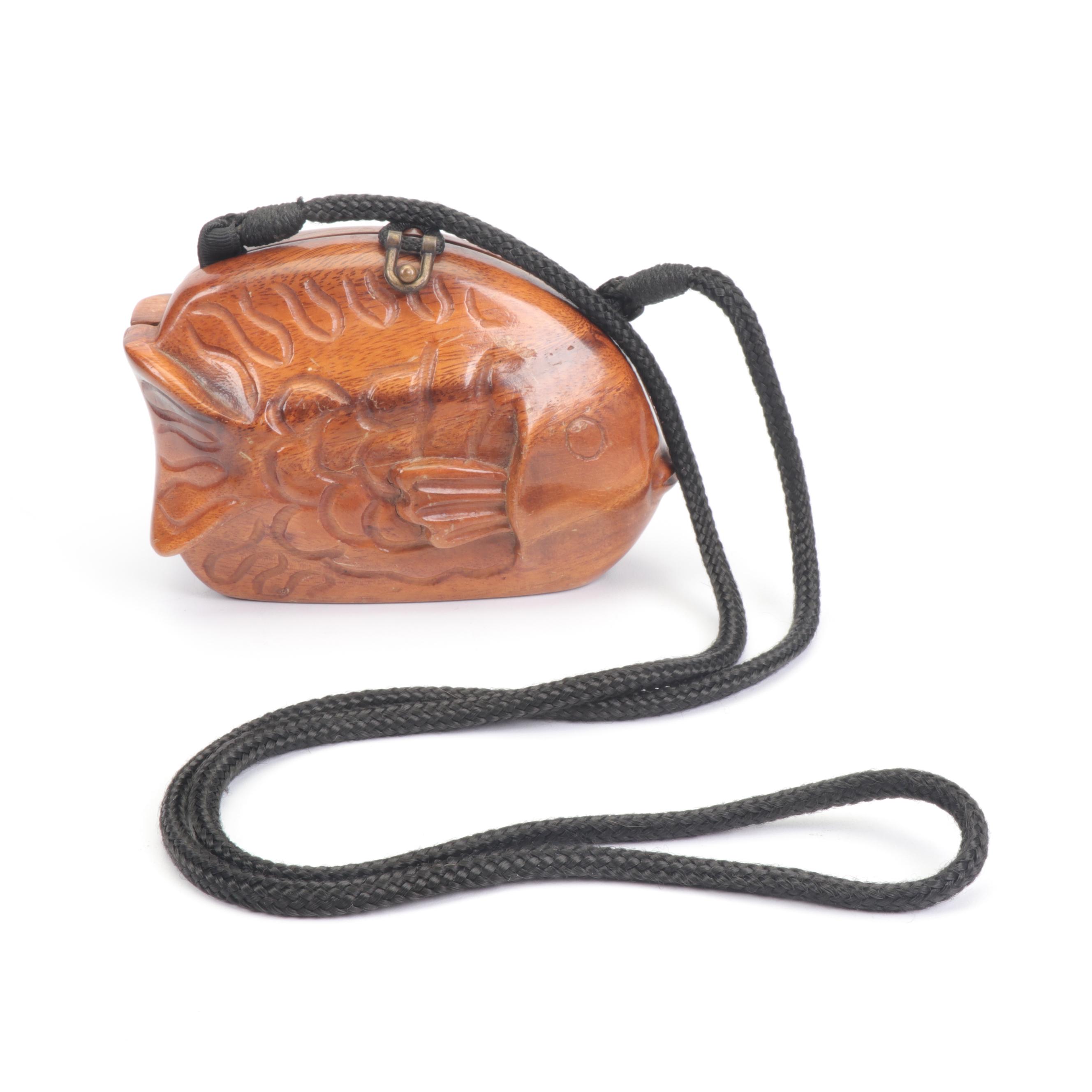 Timmy Woods Beverly Hills Carved Wooden Fish Box Purse