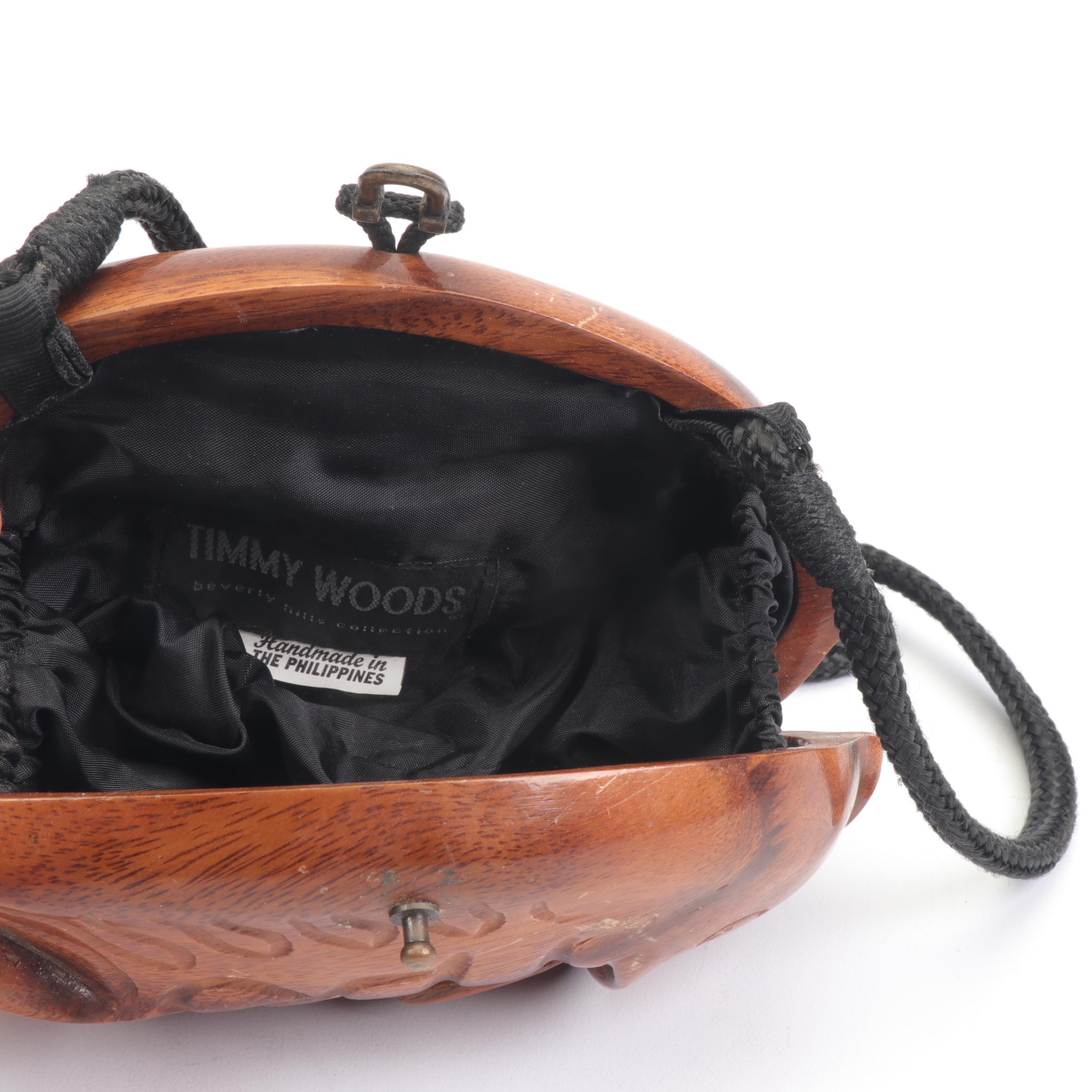 Timmy Woods Beverly Hills Carved Wooden Fish Box Purse