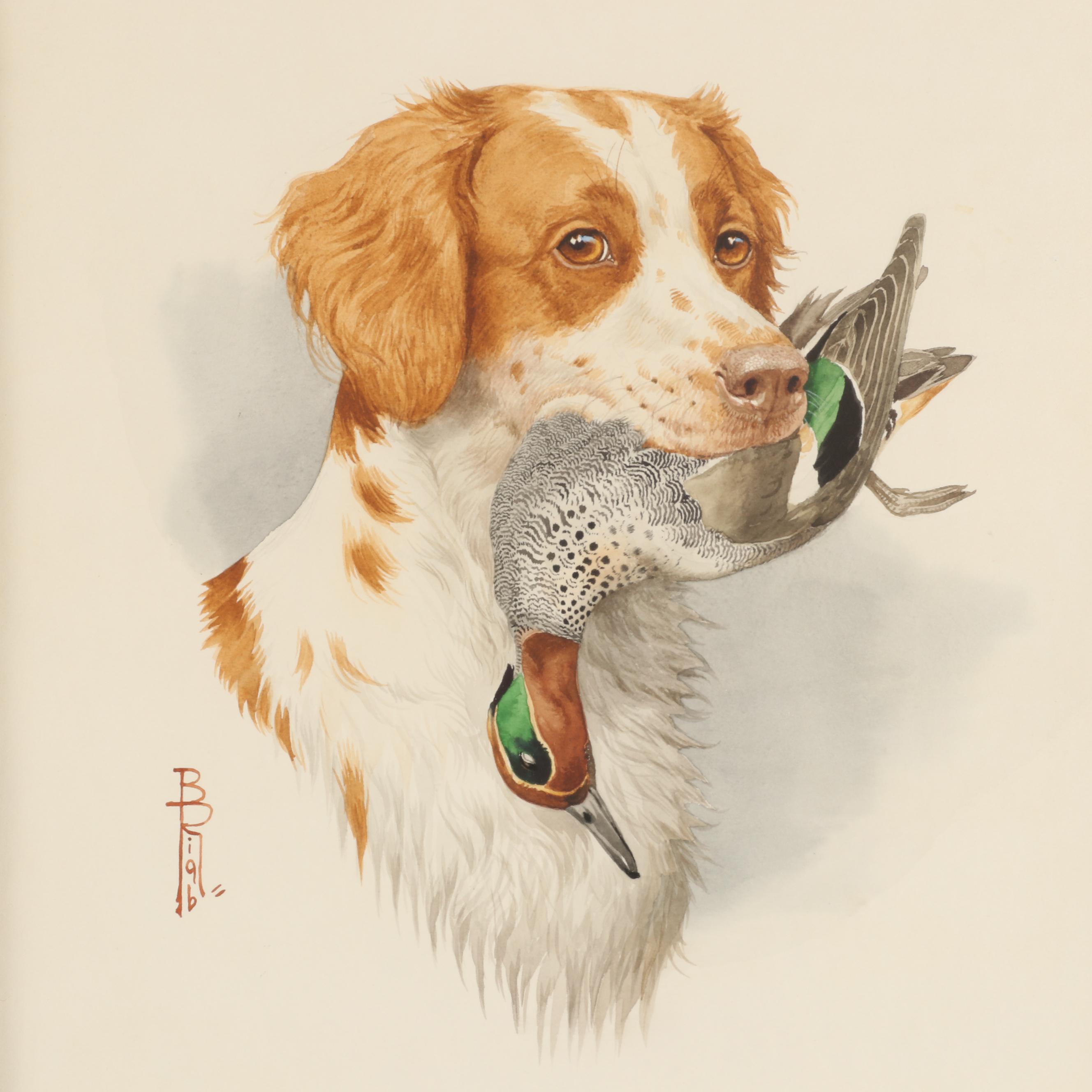 Boris Riab Watercolor Painting of Dog with Bird