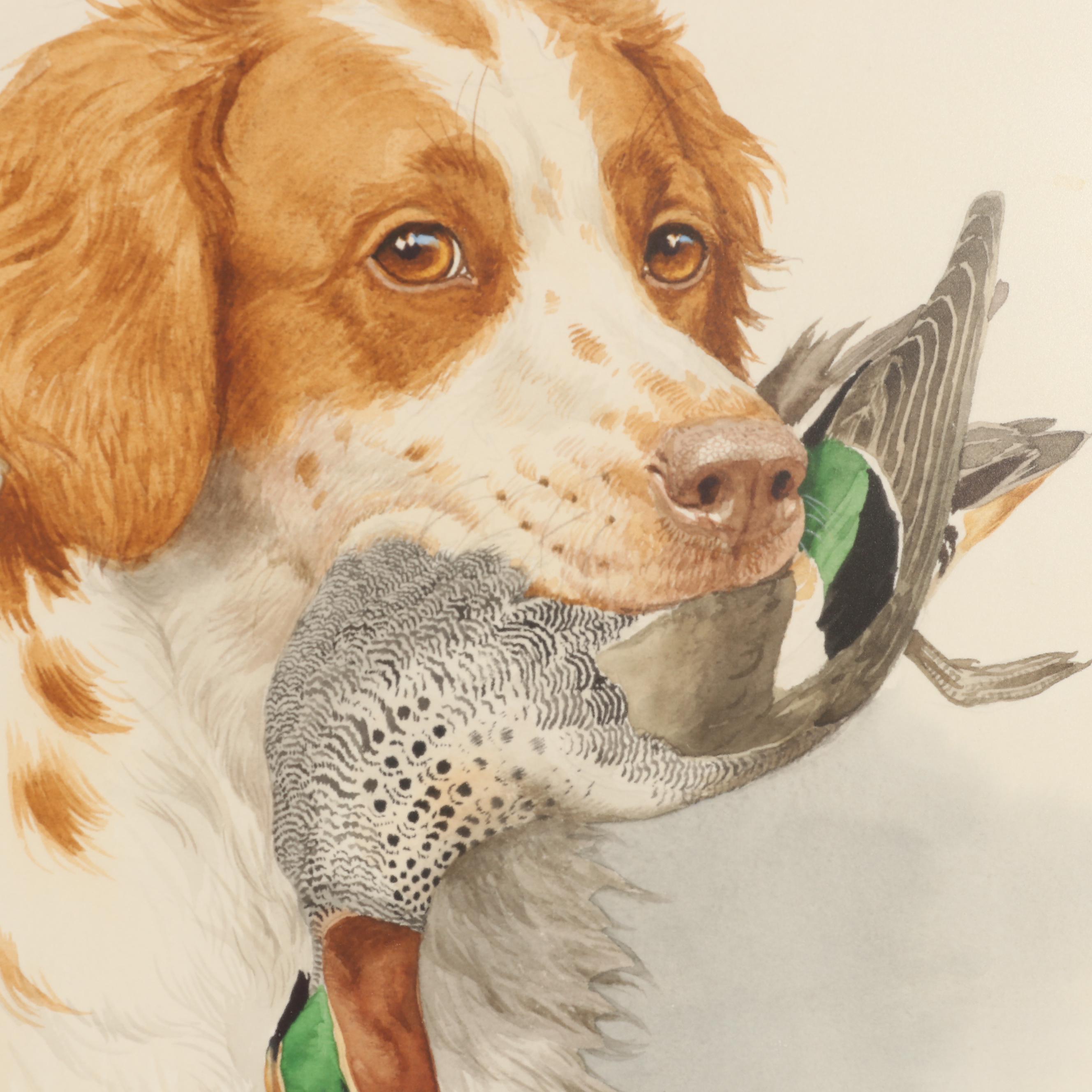 Boris Riab Watercolor Painting of Dog with Bird