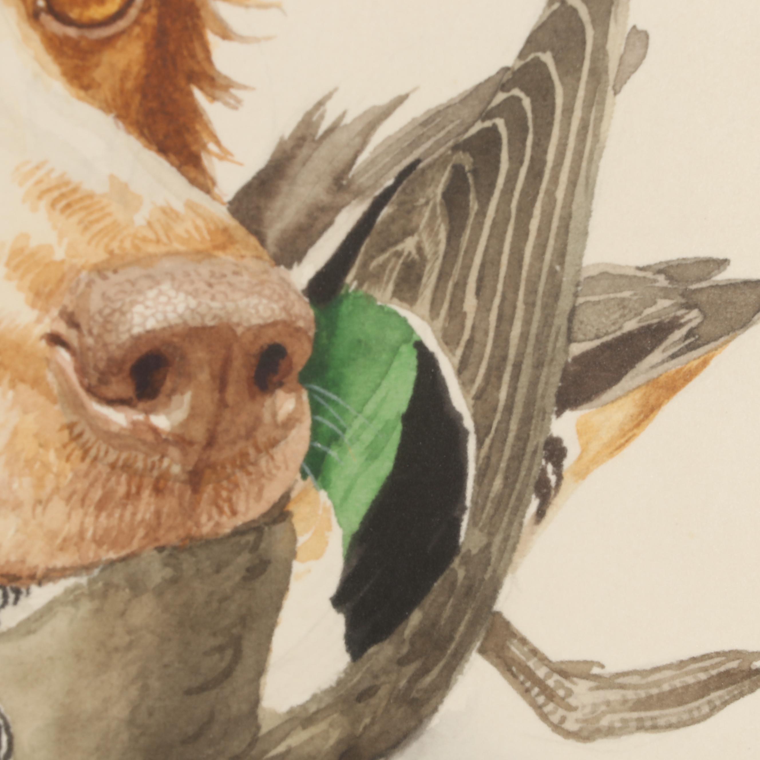 Boris Riab Watercolor Painting of Dog with Bird