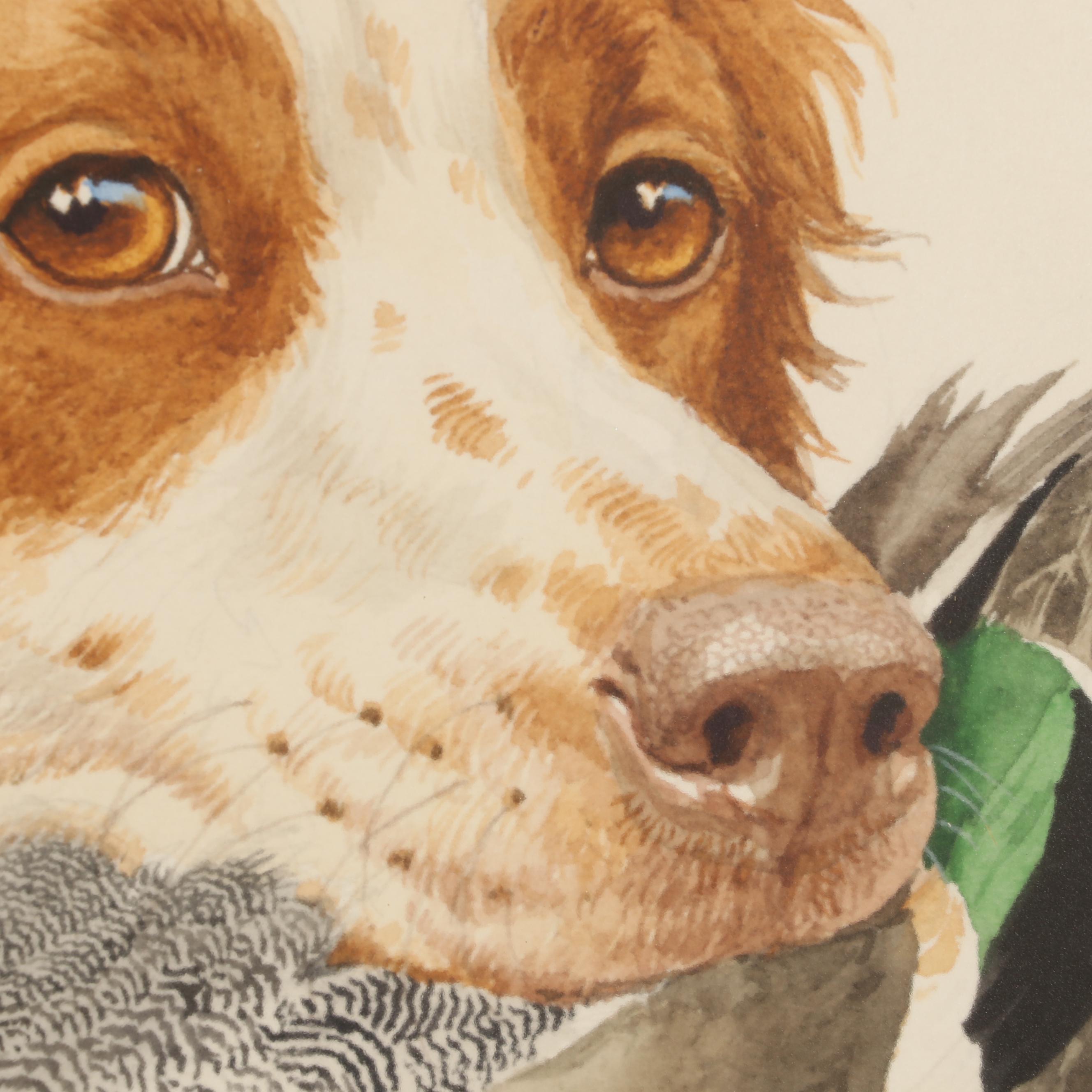 Boris Riab Watercolor Painting of Dog with Bird