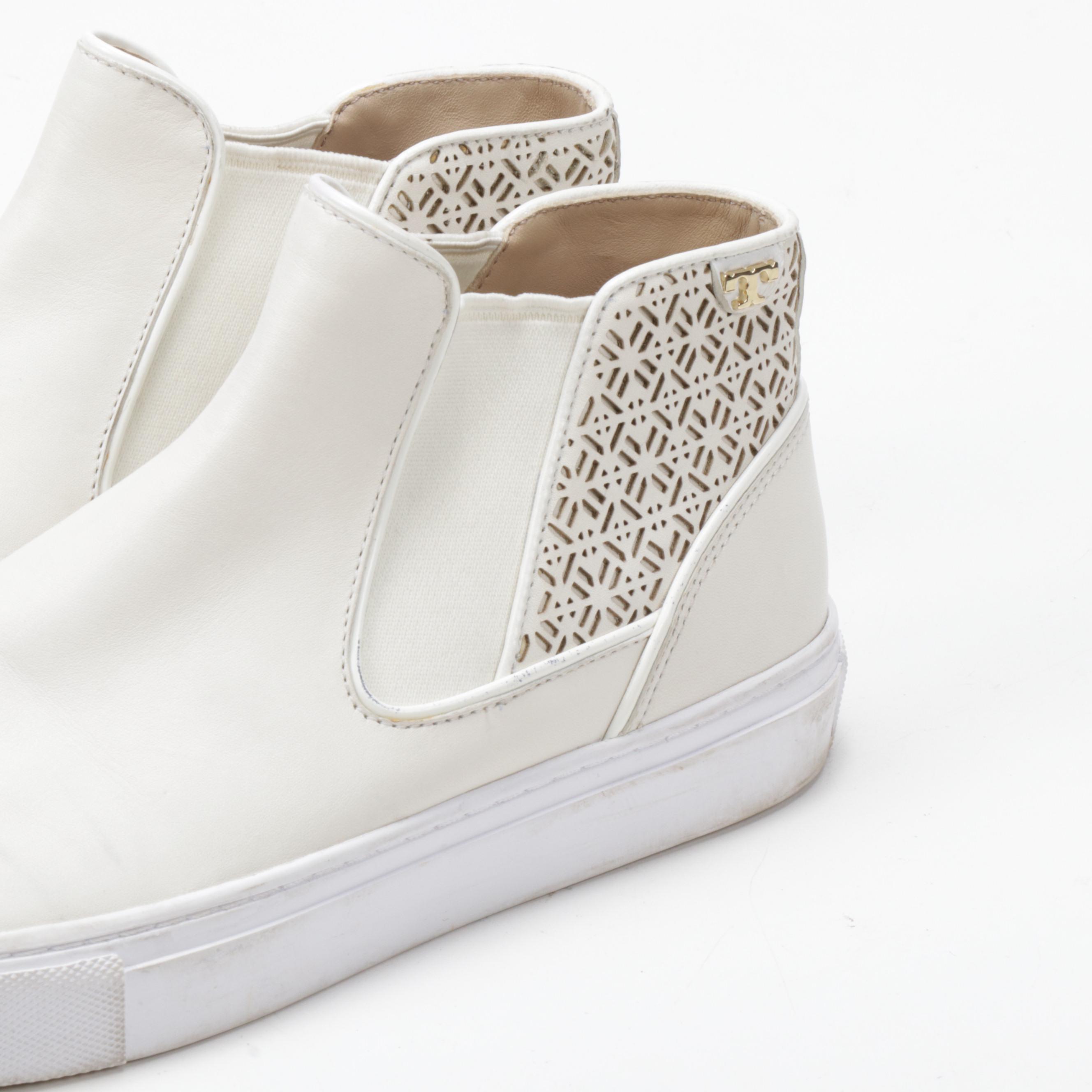 Tory Burch White Leather Laser Cut High-Top Slip-On Sneakers